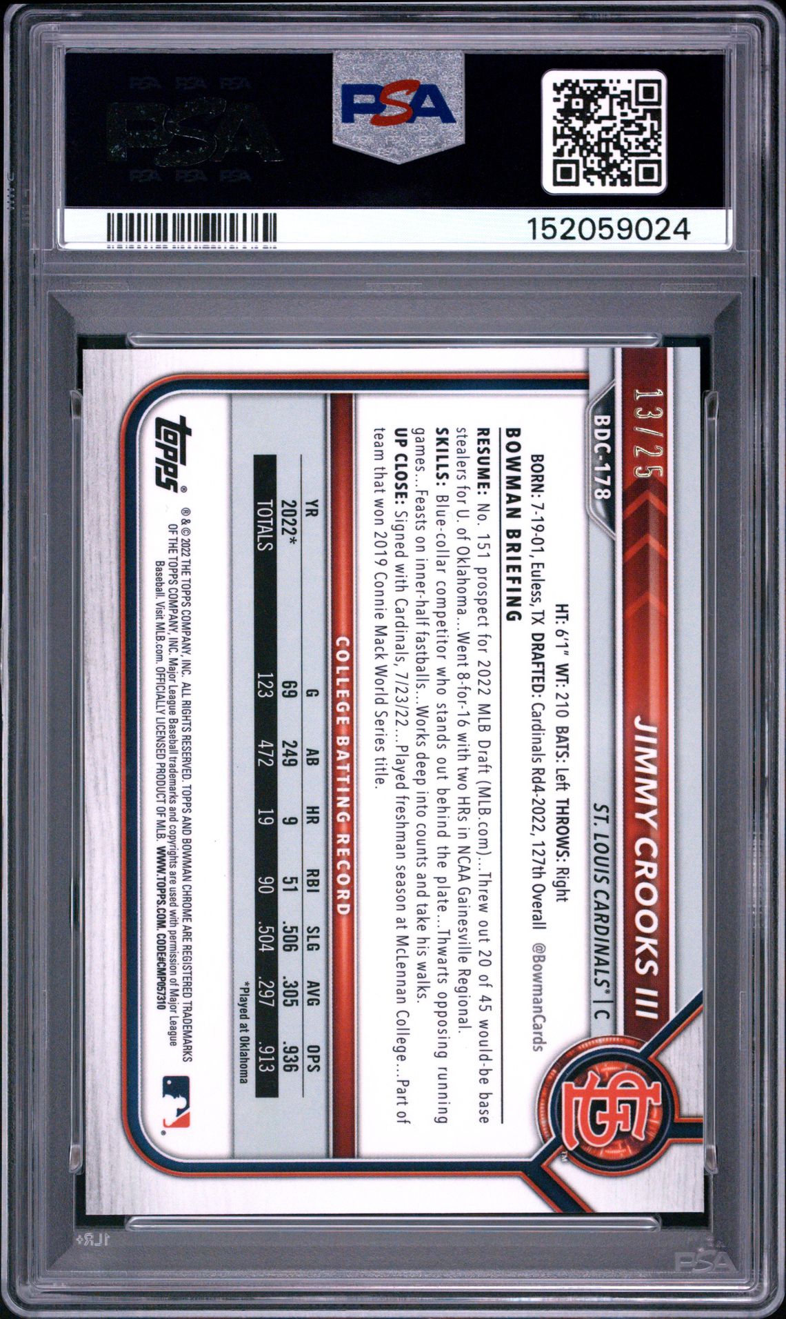 2022 Bowman Draft Jimmy Crooks Iii #Bdc178 (Chr-Orange Refractor) Gem Mt 10 back