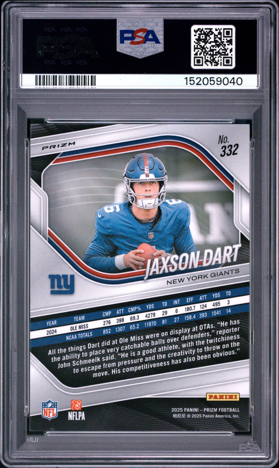 2025 Panini Prizm Jaxson Dart #332 (Lazer Prizm) Gem Mt 10 back