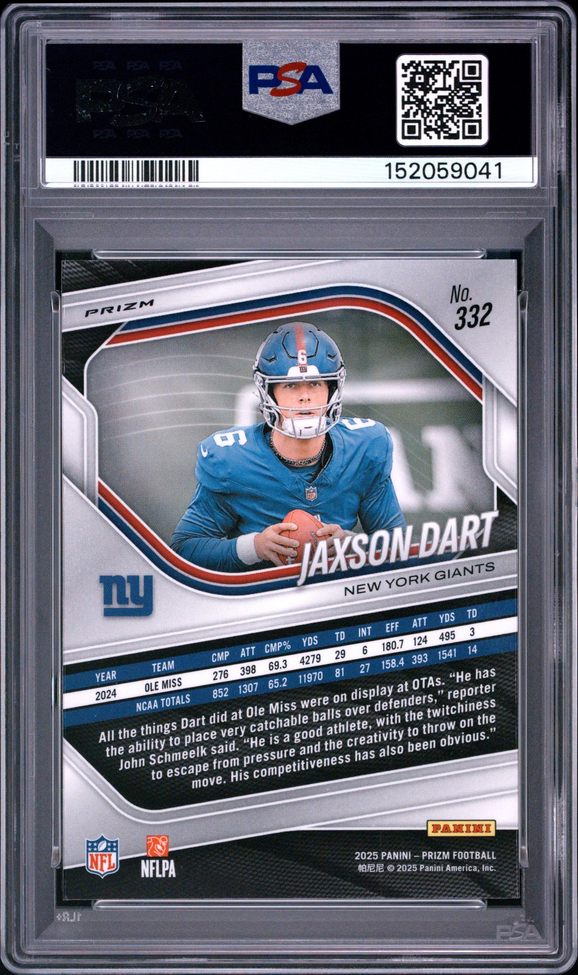 2025 Panini Prizm Jaxson Dart #332 (White Disco) Gem Mt 10 back
