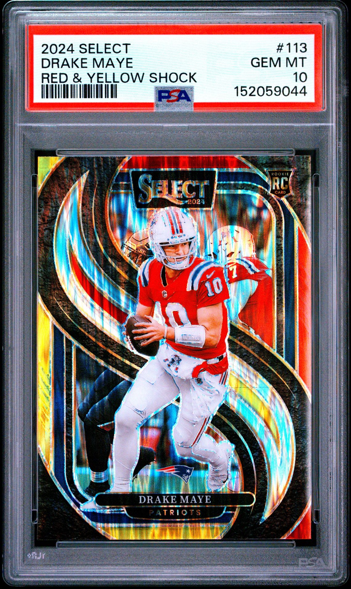 2024 Panini Select Drake Maye #113 (Red & Yellow Shock) Gem Mt 10 front view - PSA graded GEM MT 10