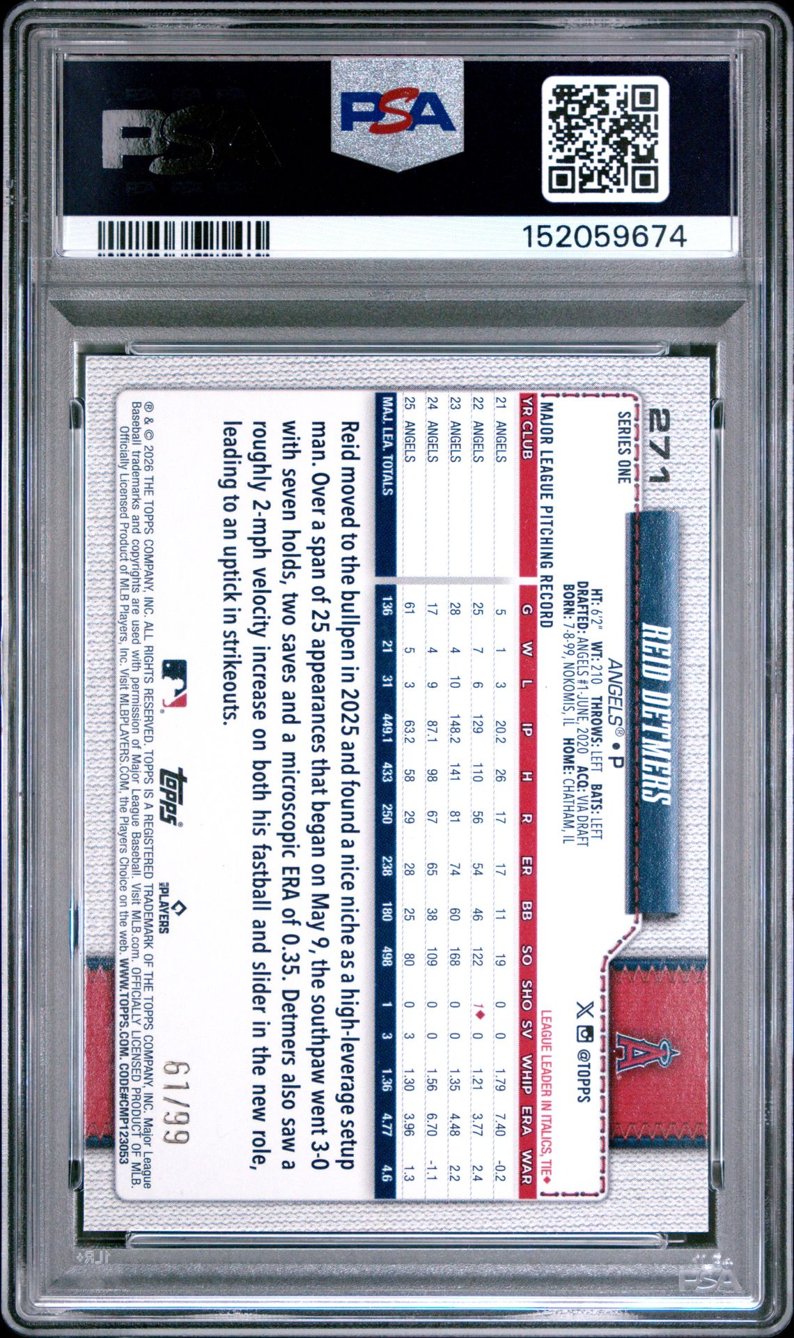 2026 Topps Reid Detmers #271 (Green Rainbow Foil) Gem Mt 10 back view - PSA certificate #152059674