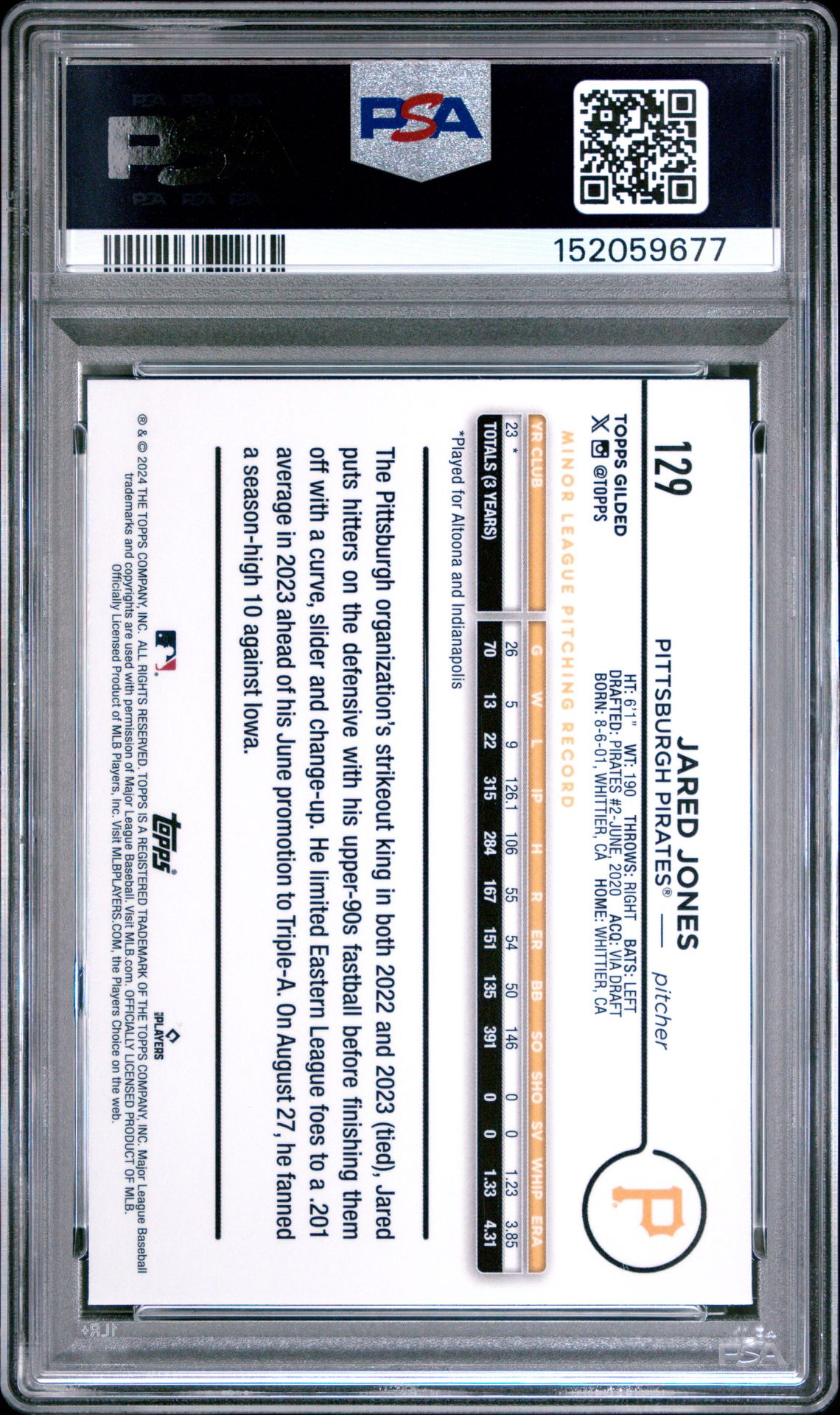 2024 Topps Gilded Collection Jared Jones #129 (Gold Wave) Gem Mt 10 back view - PSA certificate #152059677