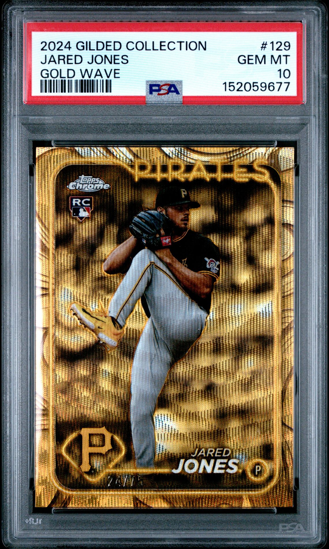2024 Topps Gilded Collection Jared Jones #129 (Gold Wave) Gem Mt 10 front view - PSA graded GEM MT 10