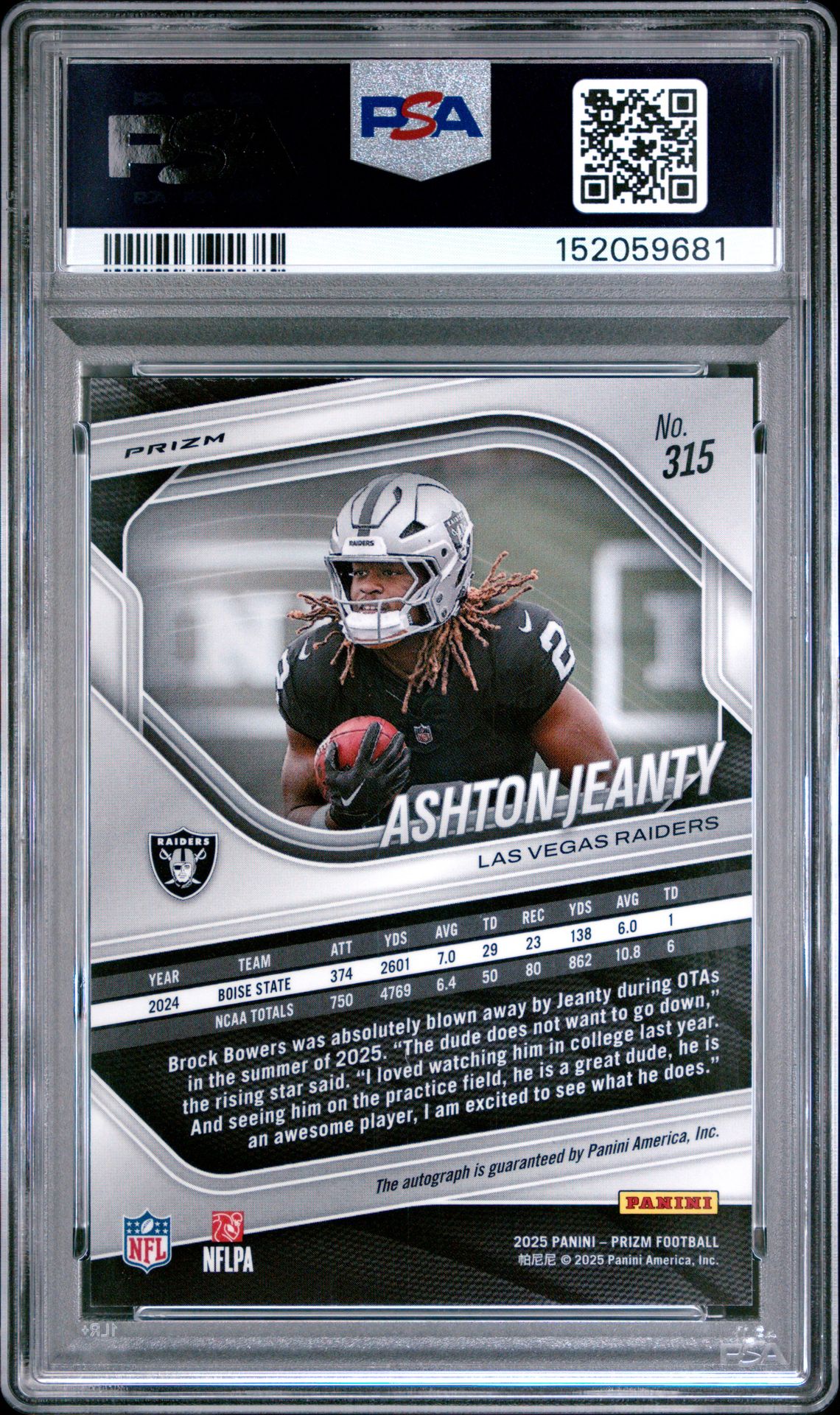2025 Panini Prizm Ashton Jeanty #315 (Autograph-Silver Prizm) Mint 9 back