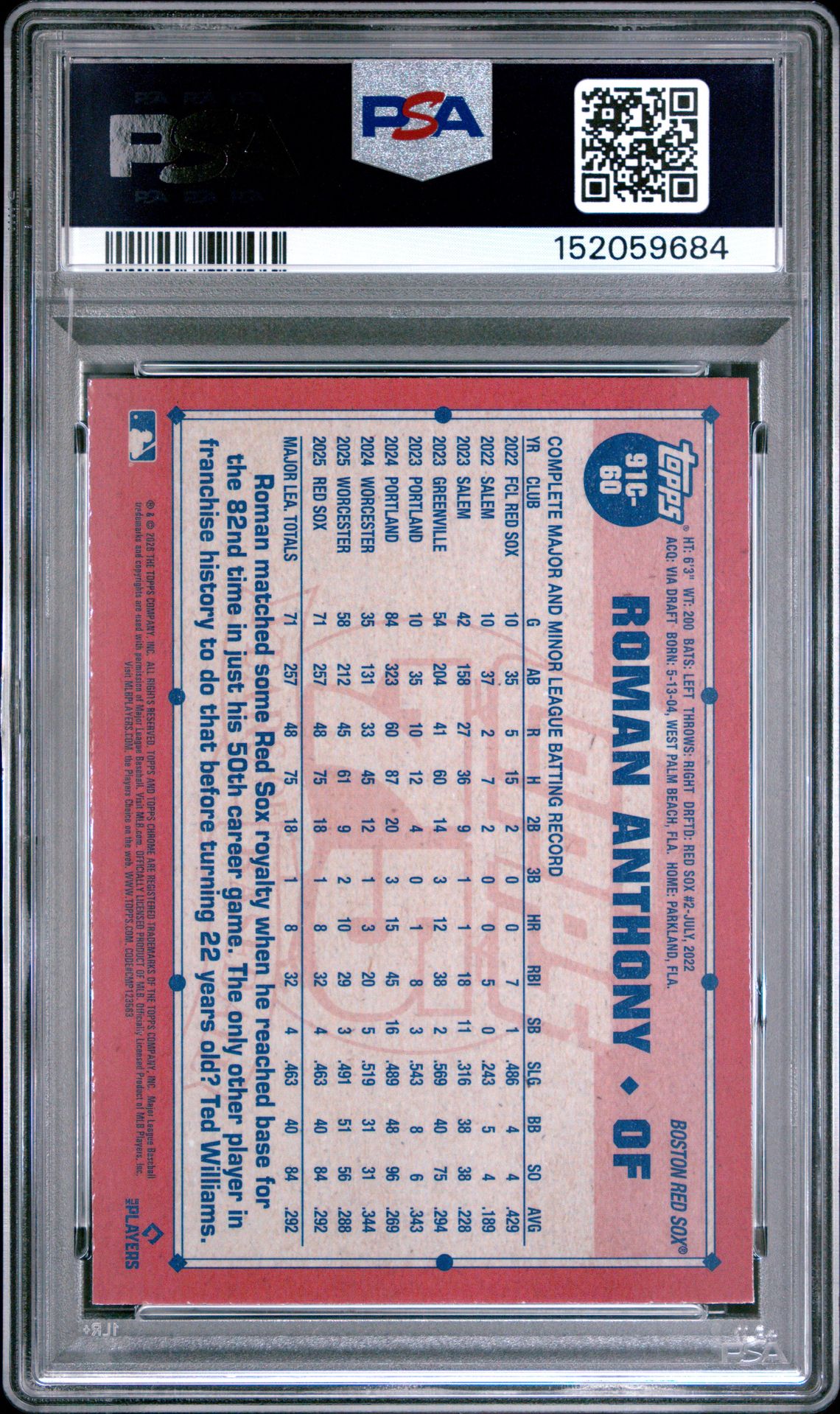 2026 Topps Silver Pack 1991 Chrome Promo Roman Anthony #91C-60 Gem Mt 10 back view - PSA certificate #152059684