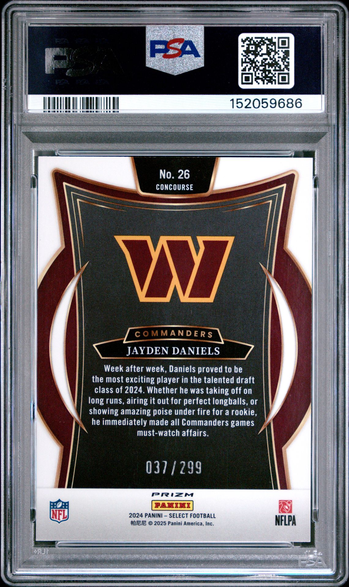 2024 Panini Select Jayden Daniels #26 (Copper Shock) Gem Mt 10 back view - PSA certificate #152059686