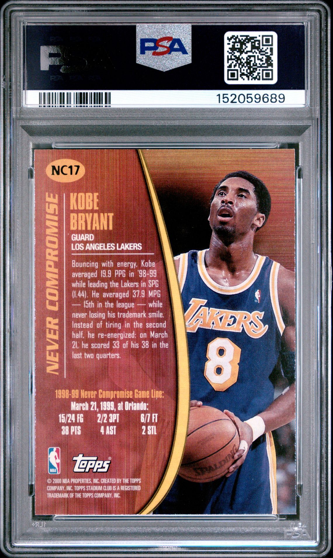 1999 Stadium Club Never Compromise Kobe Bryant #Nc17 (Never Compromise) Mint 9 back