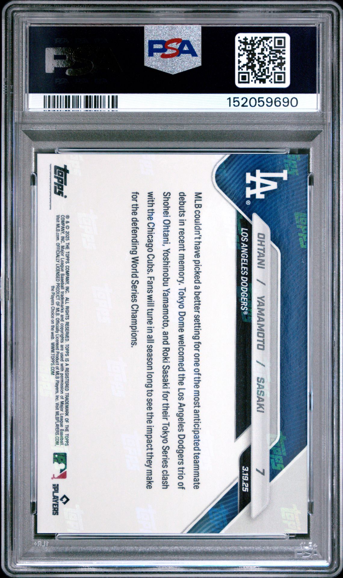 2025 Topps Now Ohtani/Yamamoto/Sasaki #7 Gem Mt 10 back view - PSA certificate #152059690