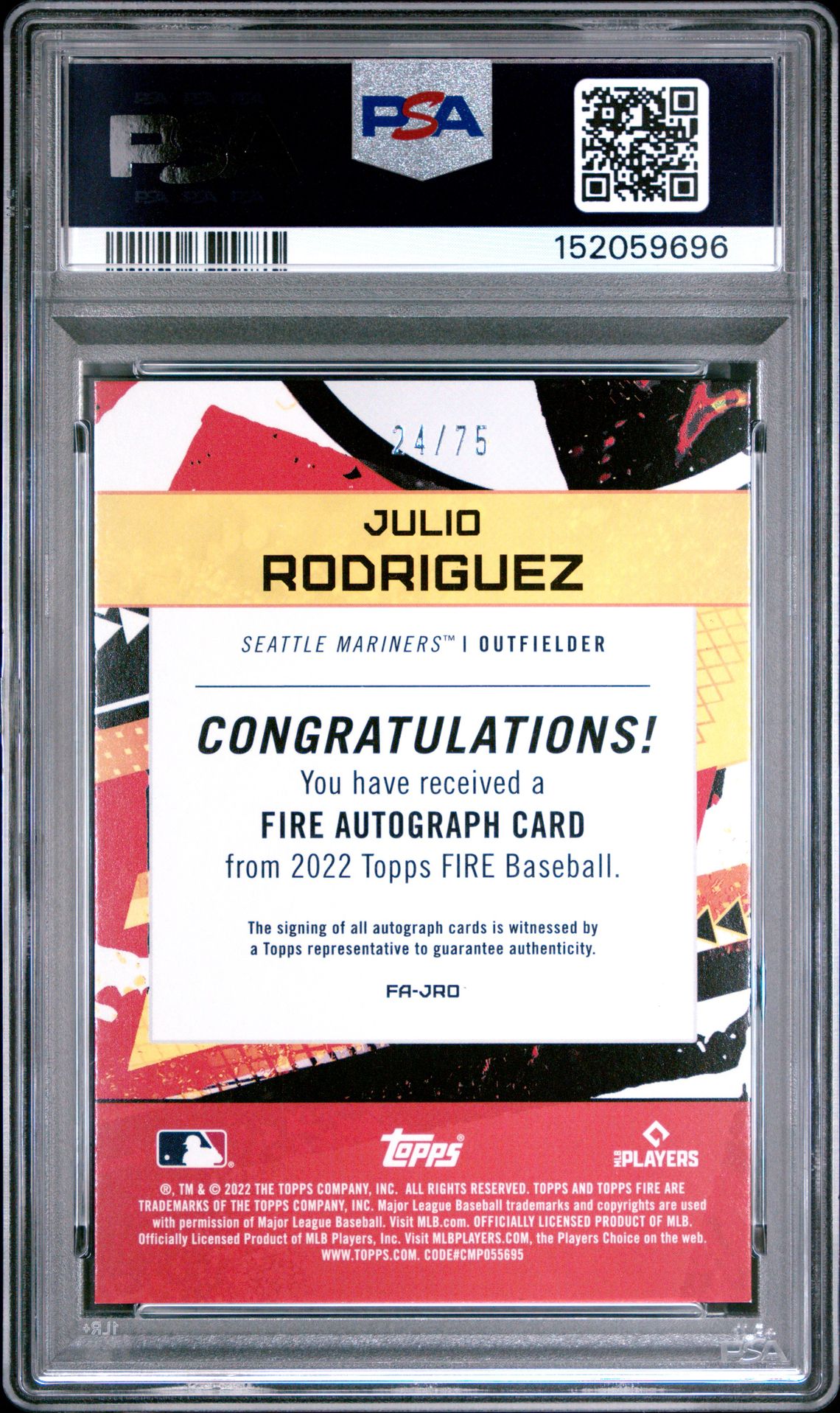 2022 Topps Fire Fire Autographs Julio Rodriguez #Jro (Fire Autograph-Green) Mint 9 back