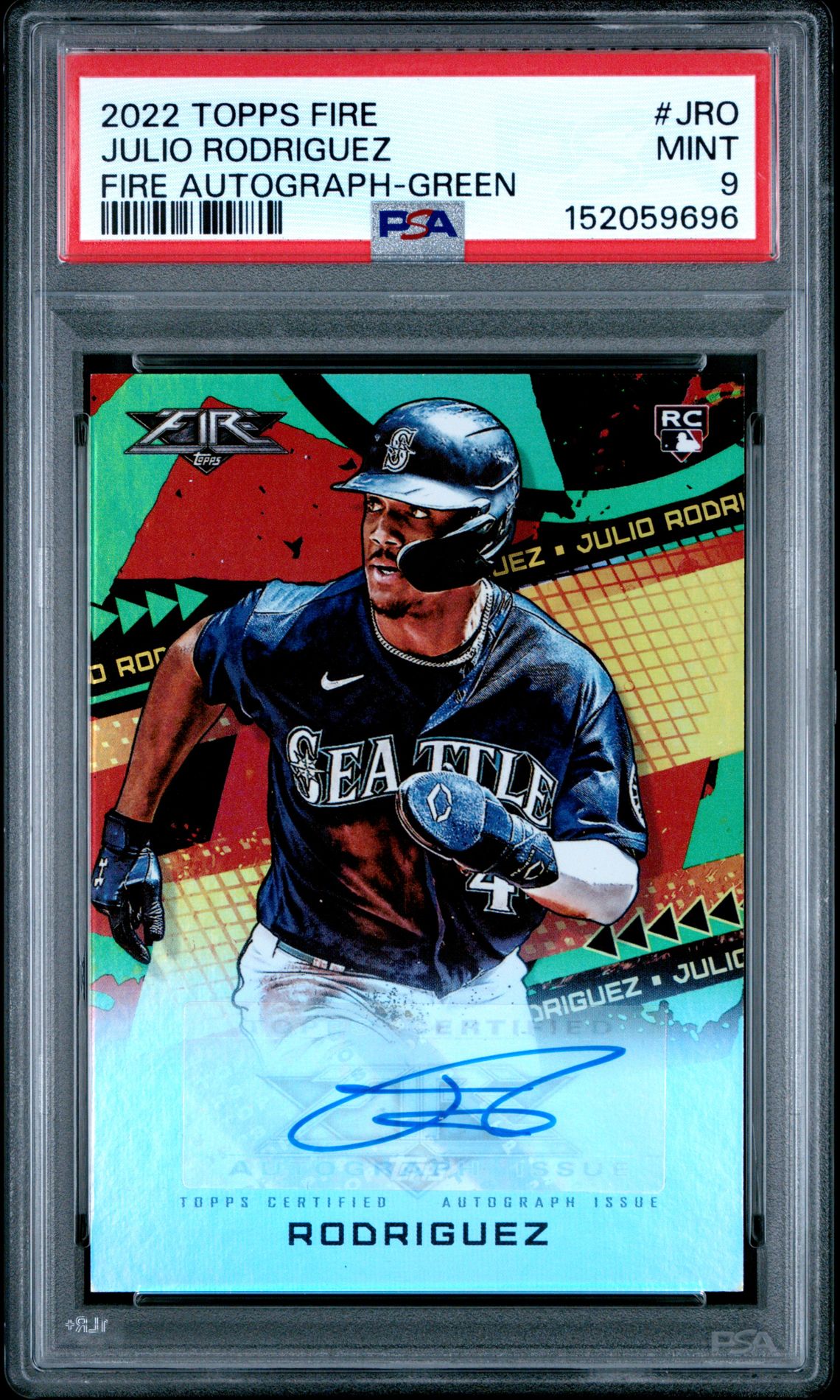 2022 Topps Fire Fire Autographs Julio Rodriguez #Jro (Fire Autograph-Green) Mint 9 front