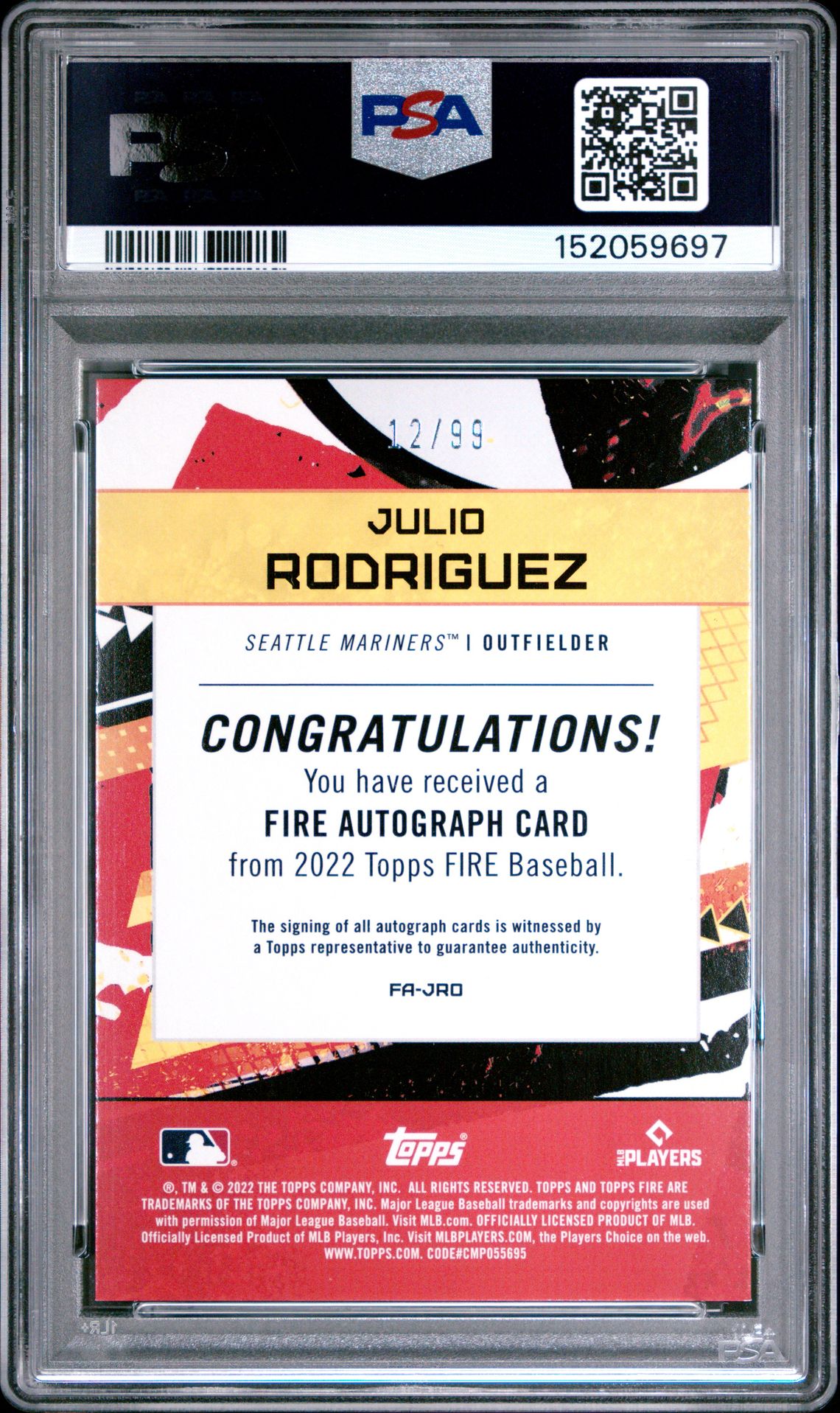 2022 Topps Fire Fire Autographs Julio Rodriguez #Jro (Fire Autograph-Orange) Mint 9 back