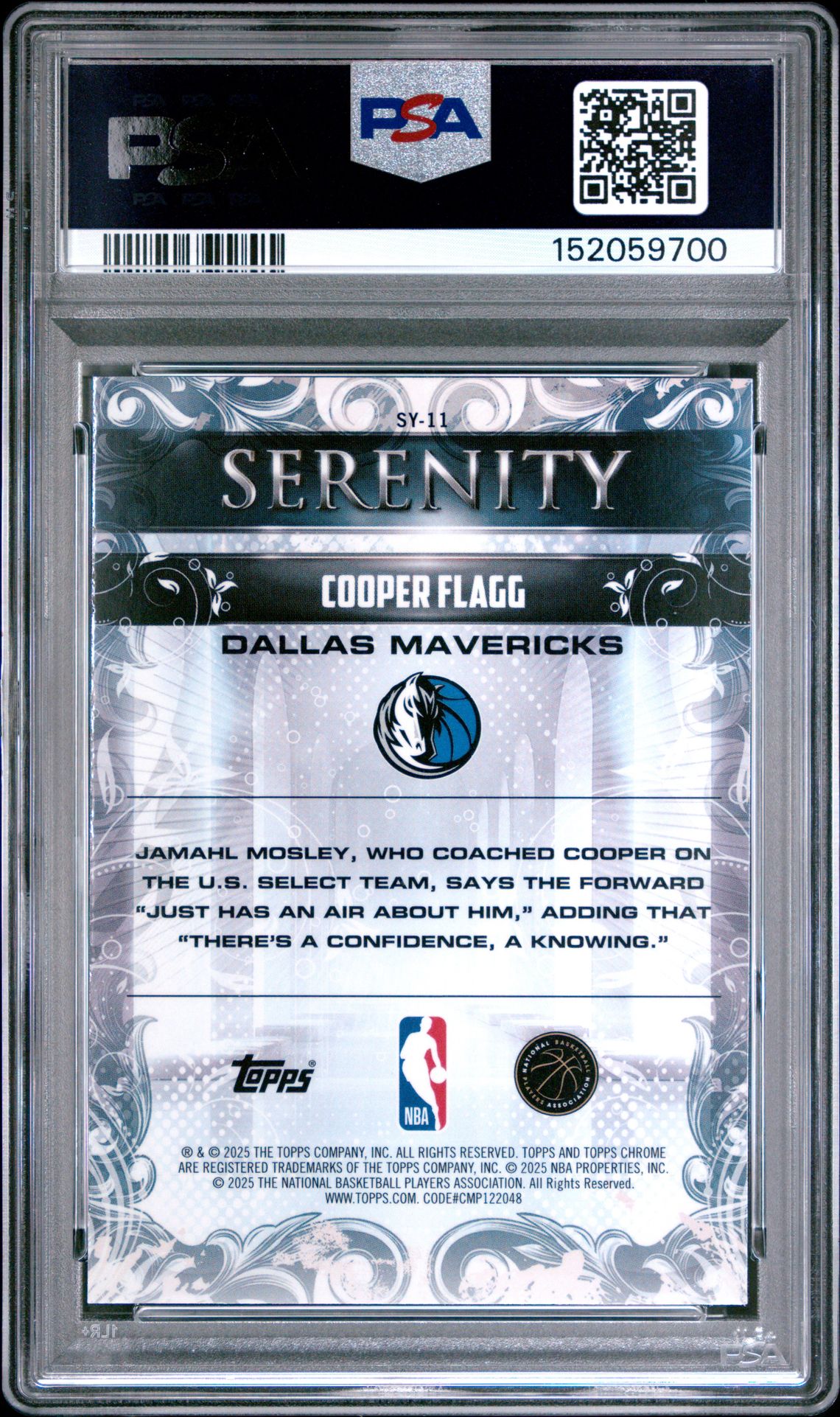 2025 Topps Chrome Serenity Cooper Flagg #Sy-11 Gem Mt 10 back view - PSA certificate #152059700
