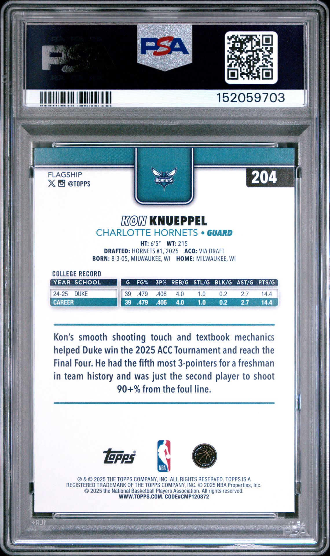 2025 Topps Kon Knueppel #204 Gem Mt 10 back view - PSA certificate #152059703