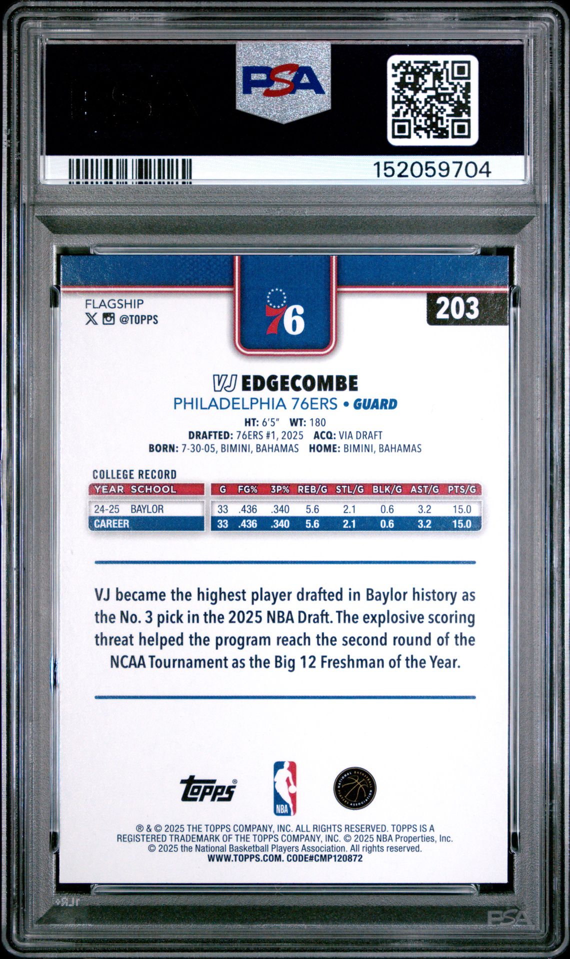 2025 Topps Vj Edgecombe #203 (Holo Foil) Gem Mt 10 back view - PSA certificate #152059704