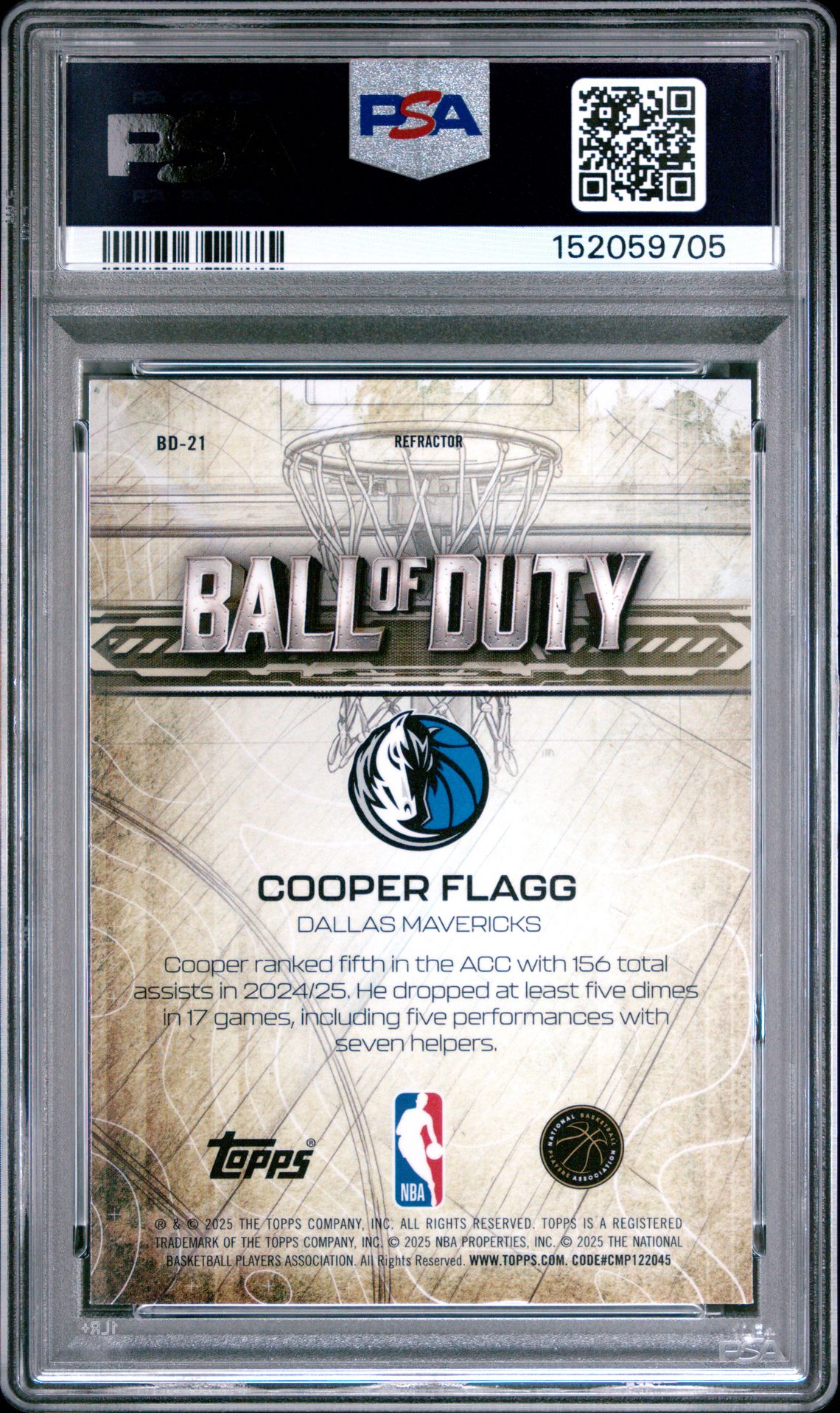 2025 Topps Chrome Ball Of Duty Cooper Flagg #Bd-21 (Ball Of Duty-Refractor) Gem Mt 10 back view - PSA certificate #152059705
