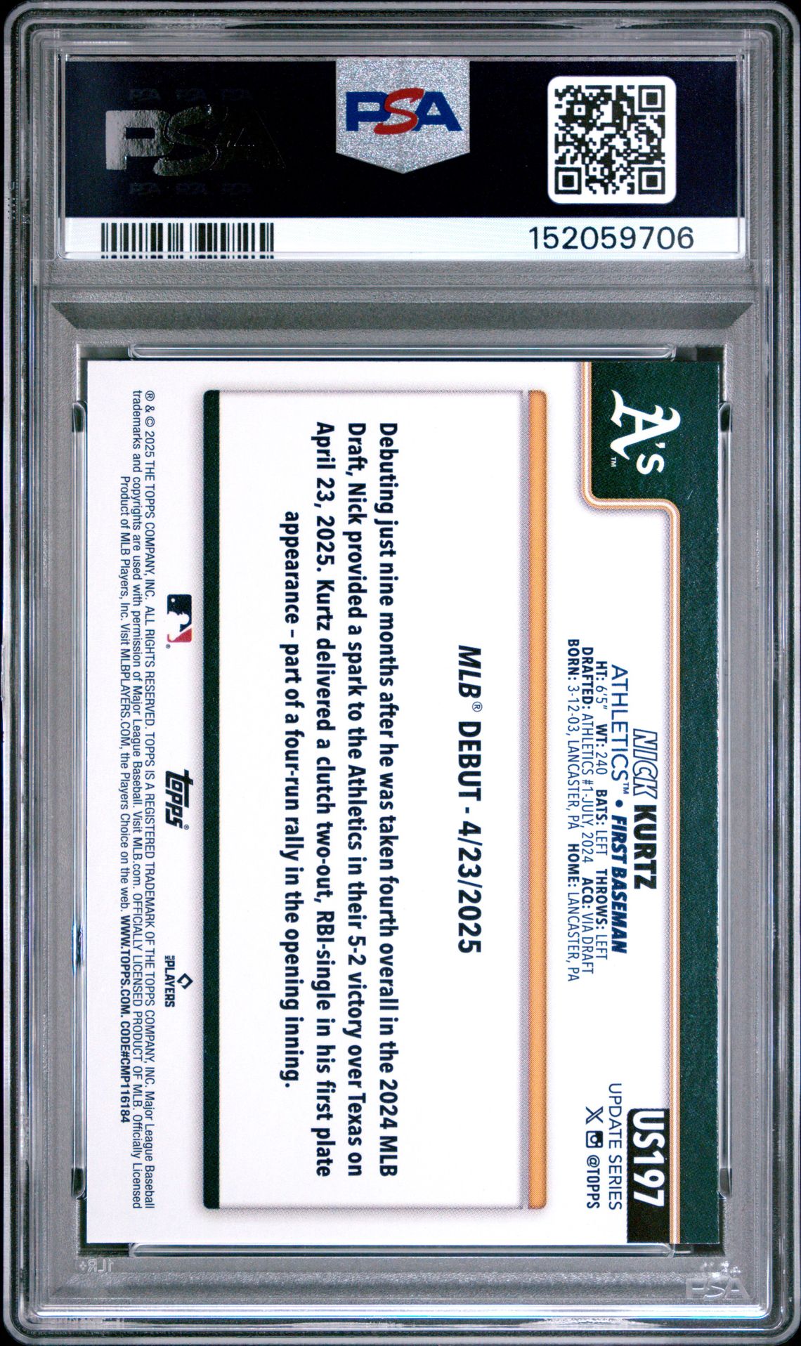 2025 Topps Update Nick Kurtz #197 Gem Mt 10 back view - PSA certificate #152059706