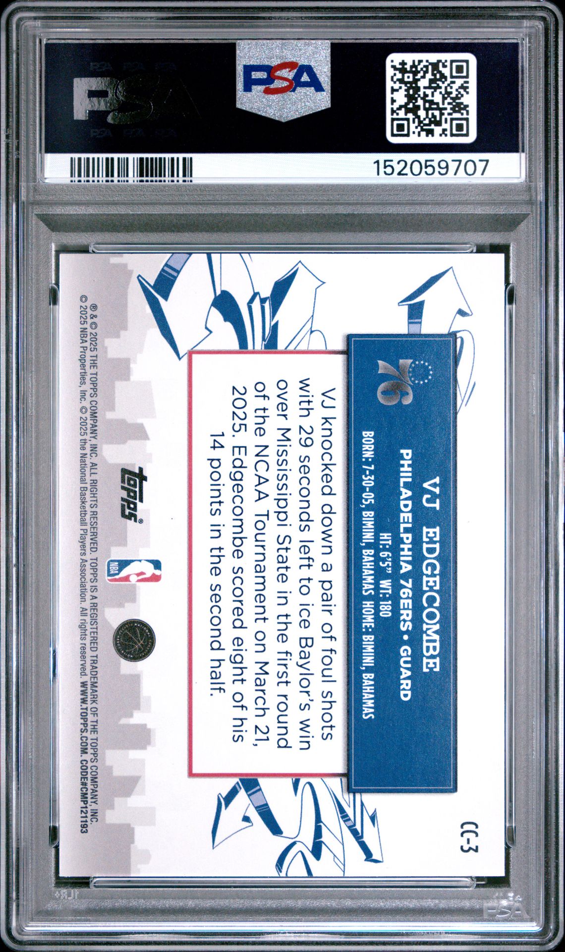 2025 Topps Clutch City Prospects Vj Edgecombe #Cc-3 (Clutch City Pros-Holo Foil) Gem Mt 10 back view - PSA certificate #152059707