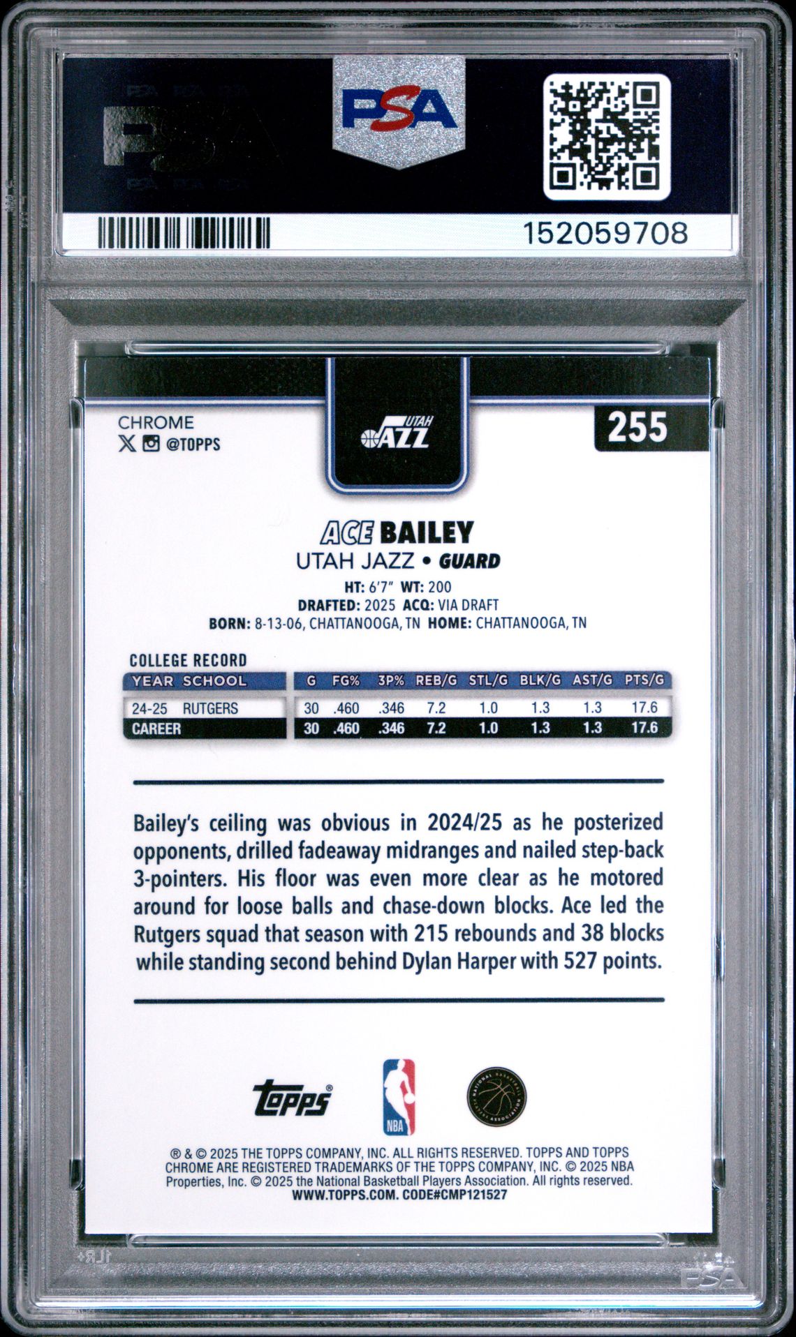 2025 Topps Chrome Ace Bailey #255 Mint 9 back