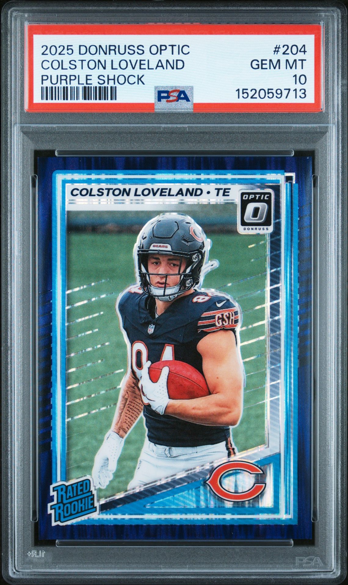 2025 Panini Donruss Optic Colston Loveland #204 (Purple Shock) Gem Mt 10 front view - PSA graded GEM MT 10