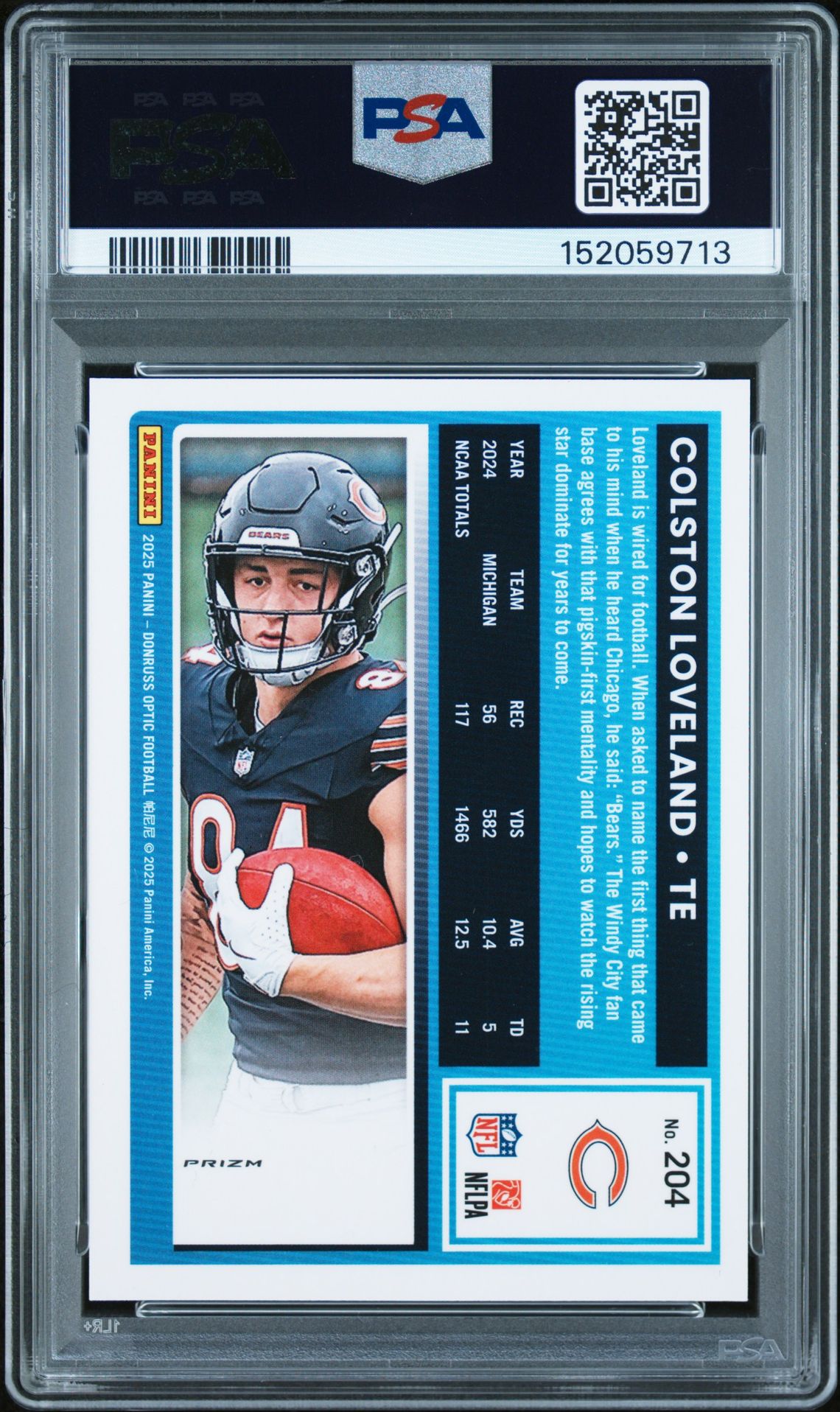 2025 Panini Donruss Optic Colston Loveland #204 (Purple Shock) Gem Mt 10 back view - PSA certificate #152059713