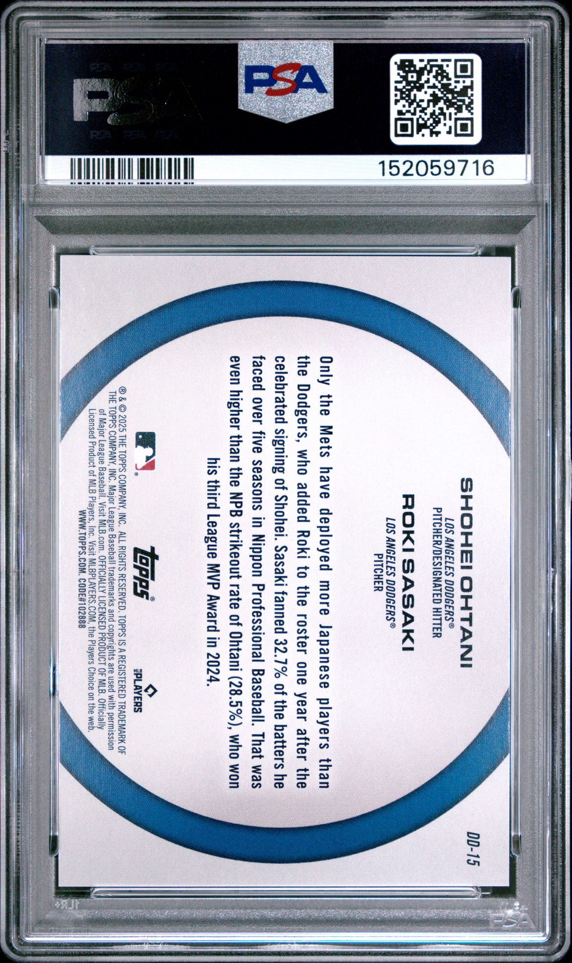 2025 Topps Dynamic Duos Ohtani/Sasaki #Dd15 (Dynamic Duos-Blue Foil) Gem Mt 10 back view - PSA certificate #152059716