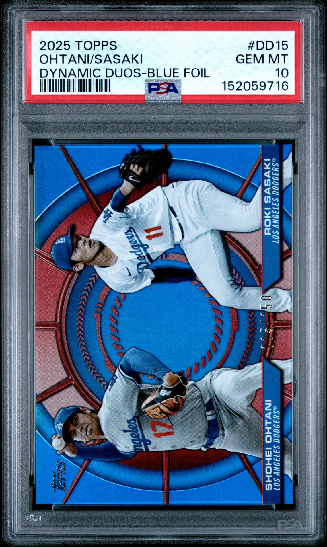 2025 Topps Dynamic Duos Ohtani/Sasaki #Dd15 (Dynamic Duos-Blue Foil) Gem Mt 10 front view - PSA graded GEM MT 10