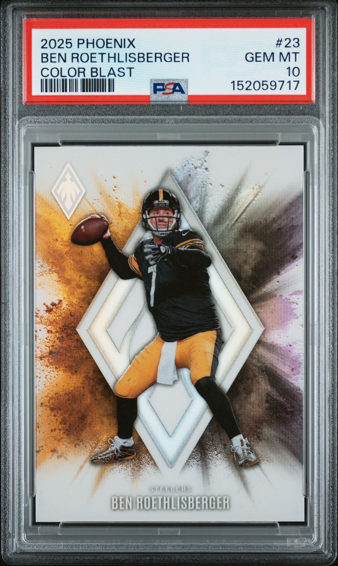 2025 Panini Phoenix Color Blast Ben Roethlisberger #23 Gem Mt 10 front view - PSA graded GEM MT 10