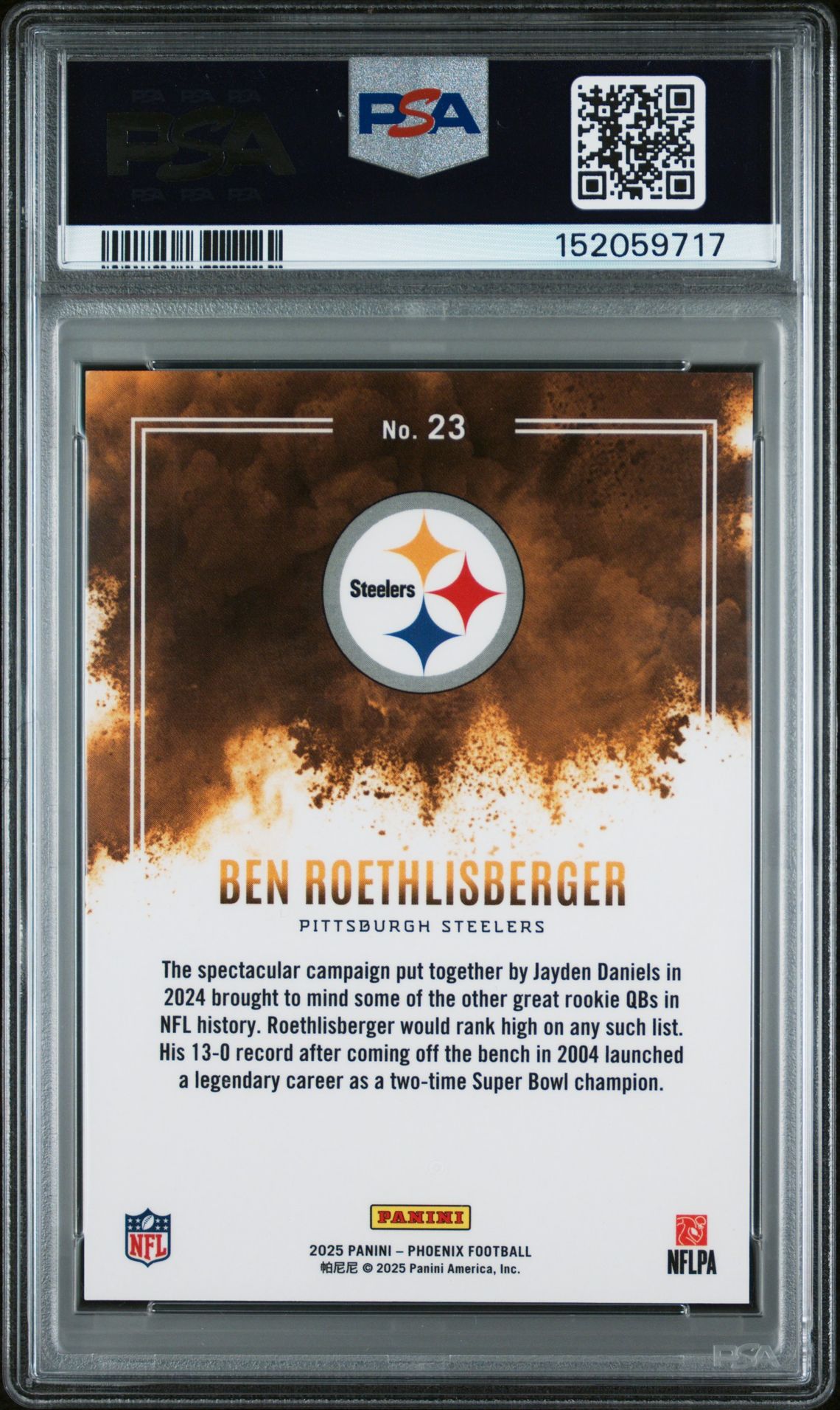 2025 Panini Phoenix Color Blast Ben Roethlisberger #23 Gem Mt 10 back view - PSA certificate #152059717