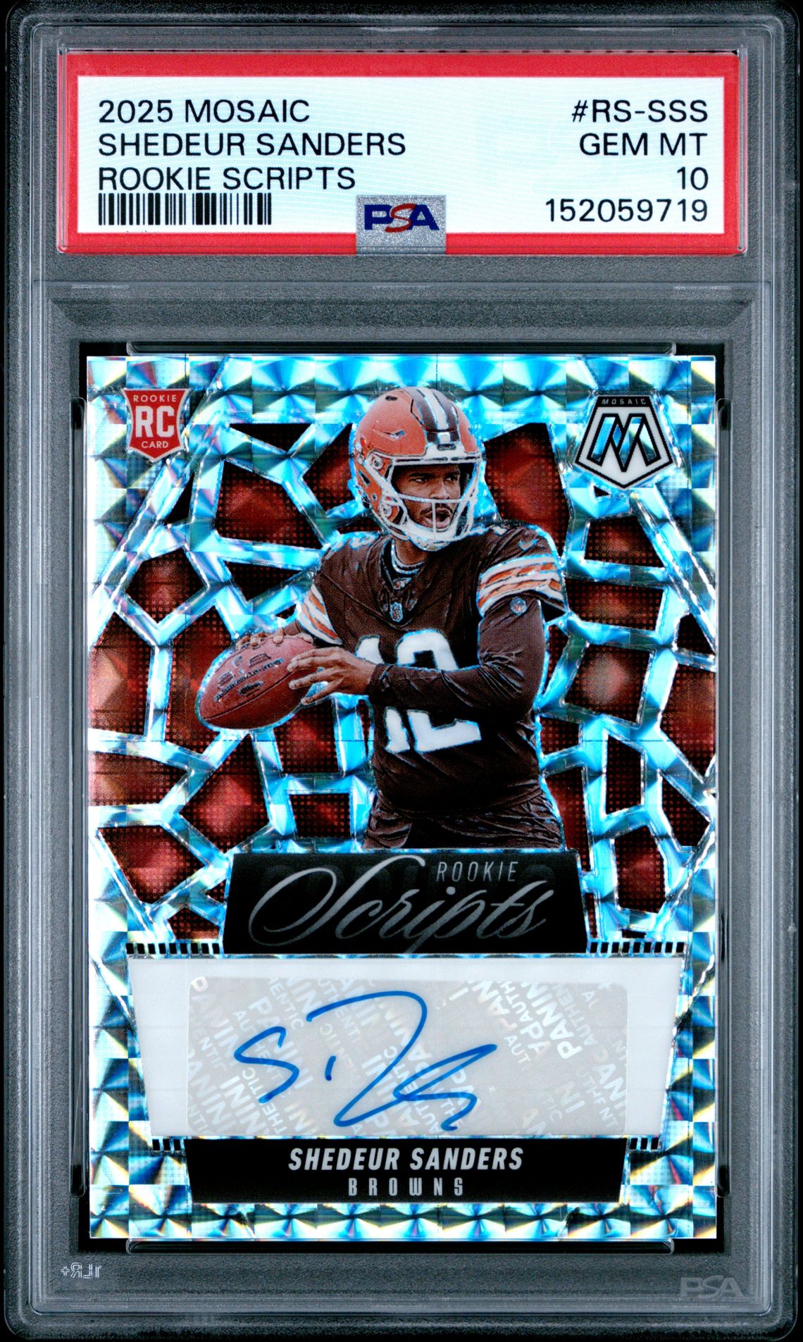 2025 Panini Mosaic Rookie Scripts Shedeur Sanders #Rs-Sss Gem Mt 10 front view - PSA graded GEM MT 10