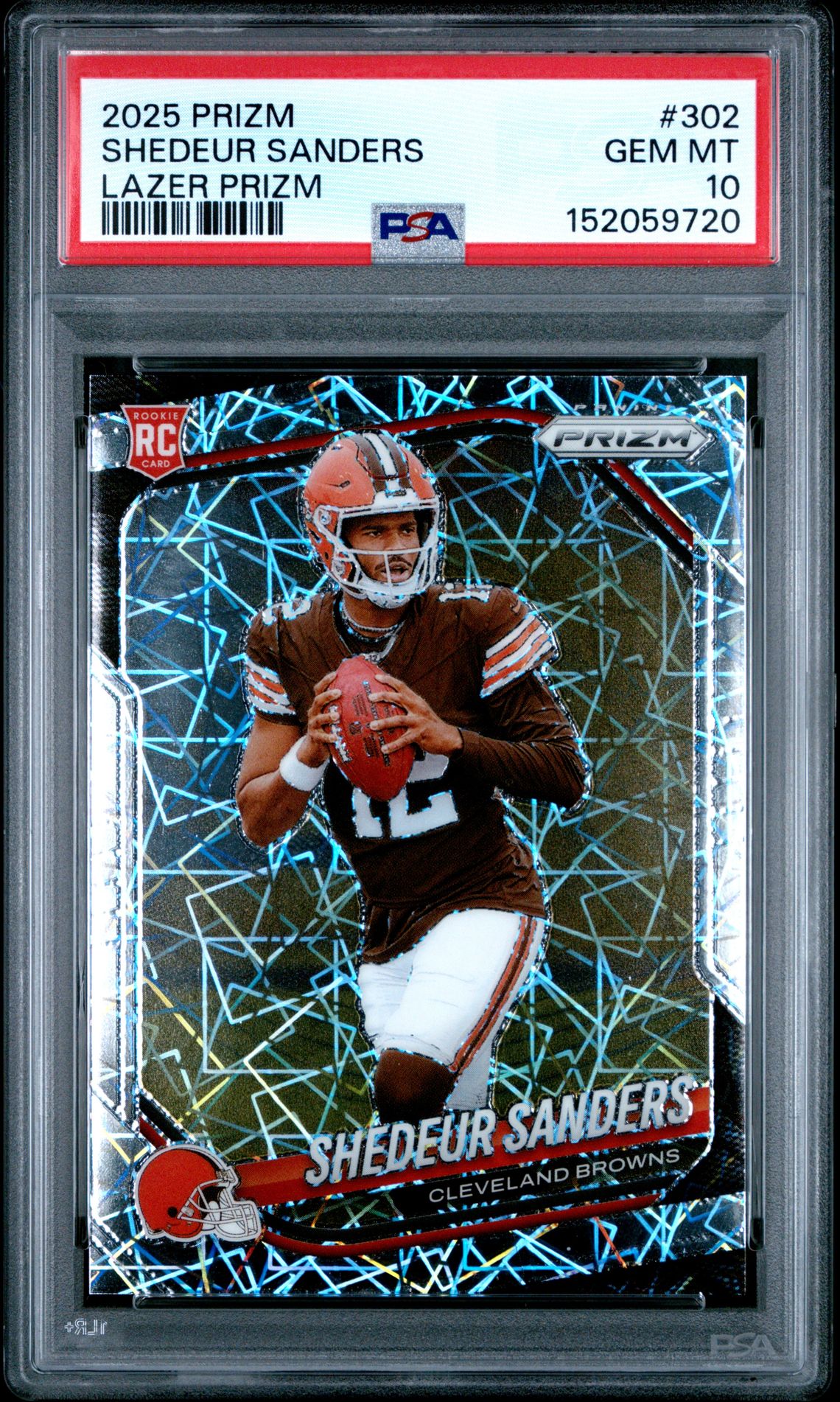 2025 Panini Prizm Shedeur Sanders #302 (Lazer Prizm) Gem Mt 10 front view - PSA graded GEM MT 10