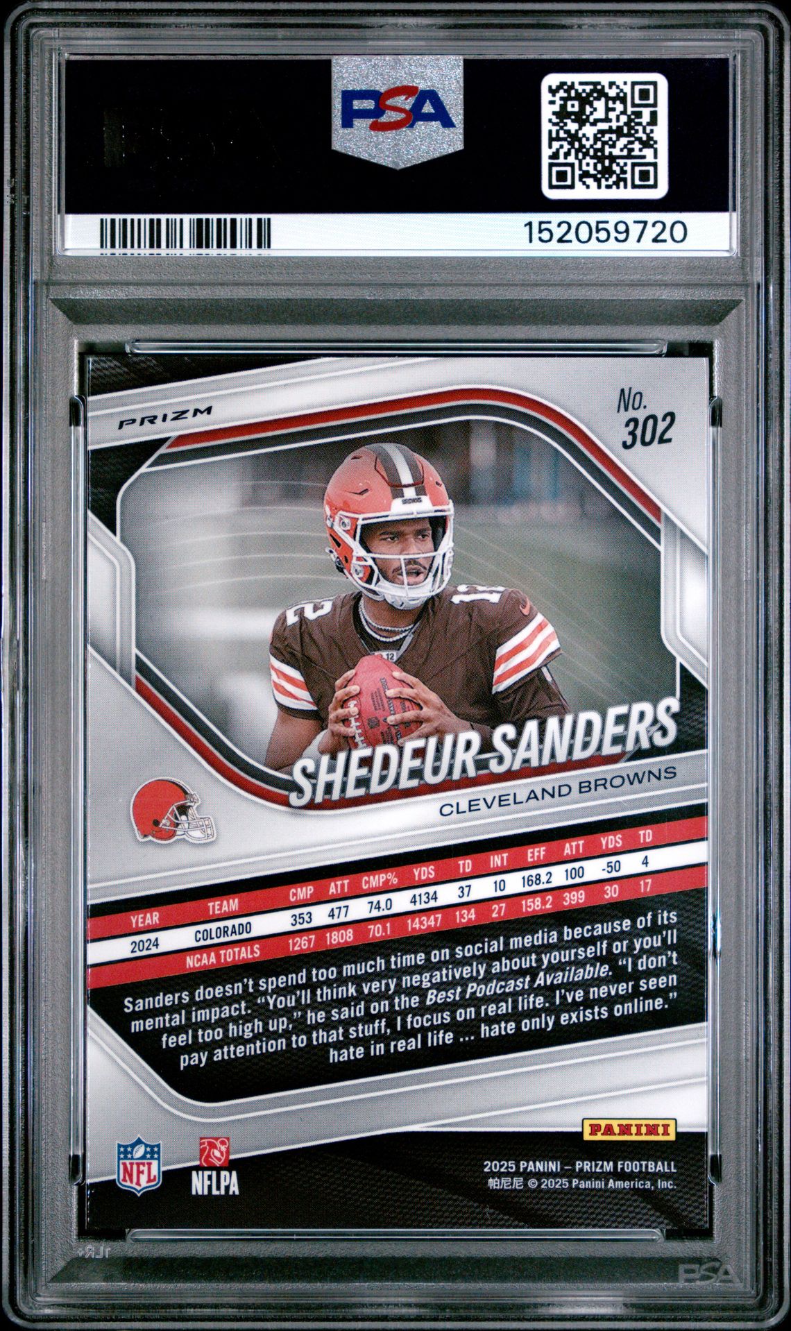 2025 Panini Prizm Shedeur Sanders #302 (Lazer Prizm) Gem Mt 10 back view - PSA certificate #152059720