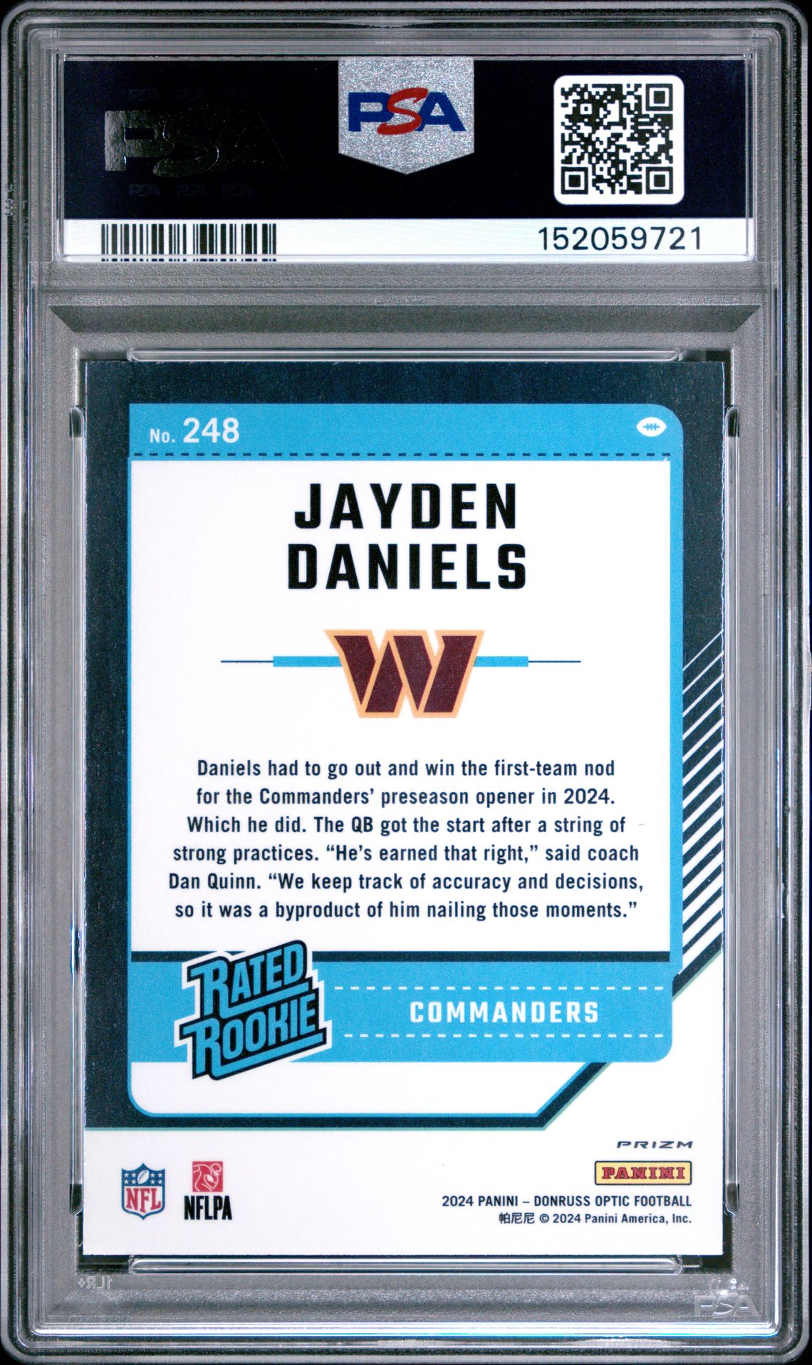 2024 Panini Donruss Optic Jayden Daniels #248 (Green Velocity) Mint 9 back