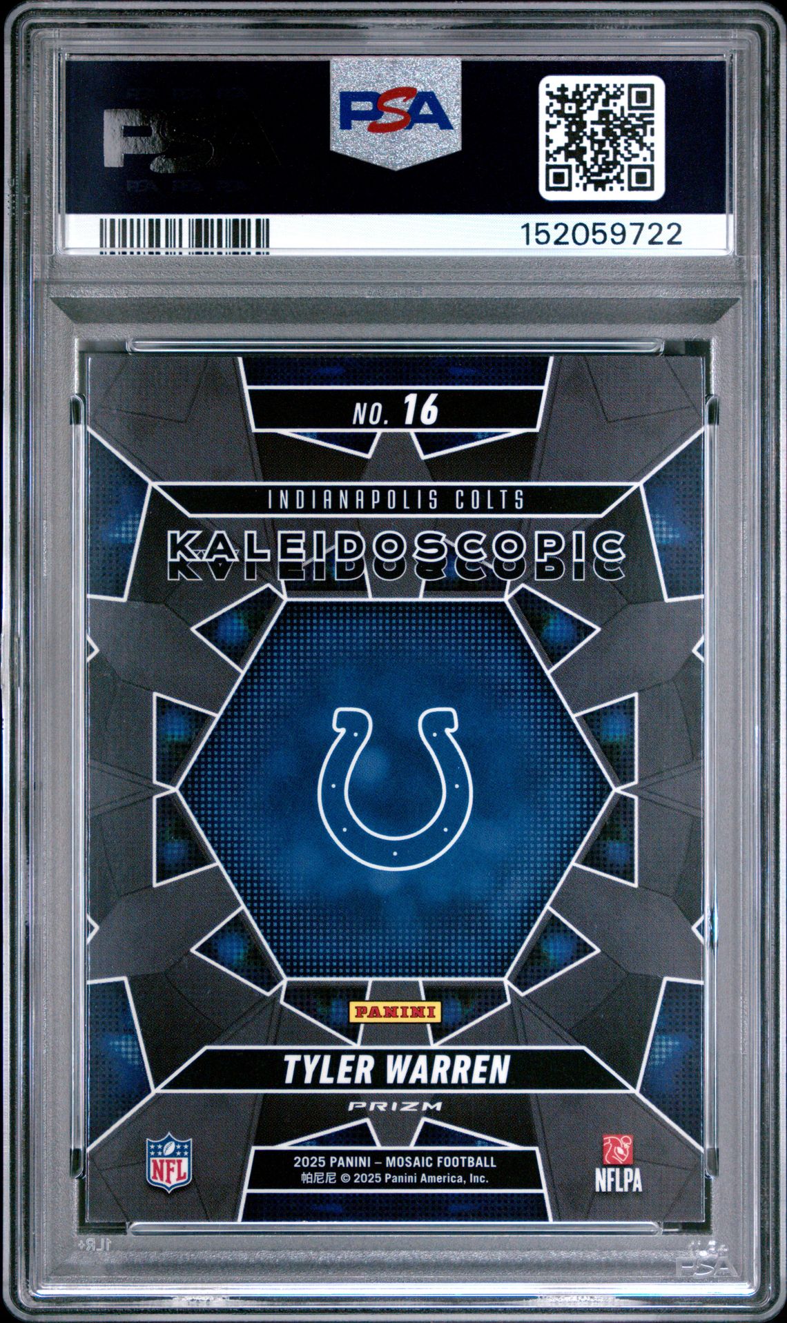 2025 Panini Mosaic Kaleidoscopic Tyler Warren #16 Gem Mt 10 back view - PSA certificate #152059722