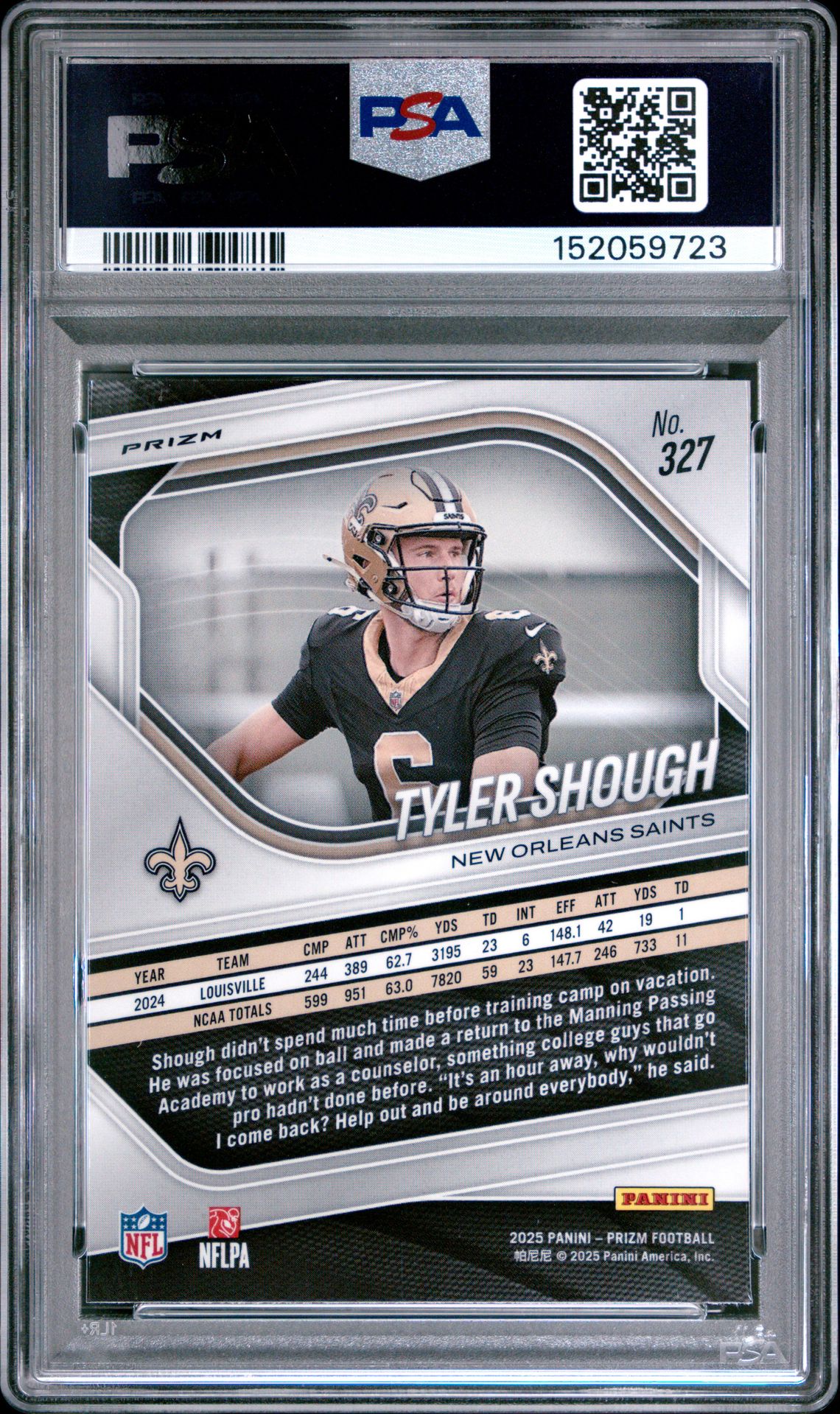 2025 Panini Prizm Tyler Shough #327 (Lazer Prizm) Gem Mt 10 back view - PSA certificate #152059723