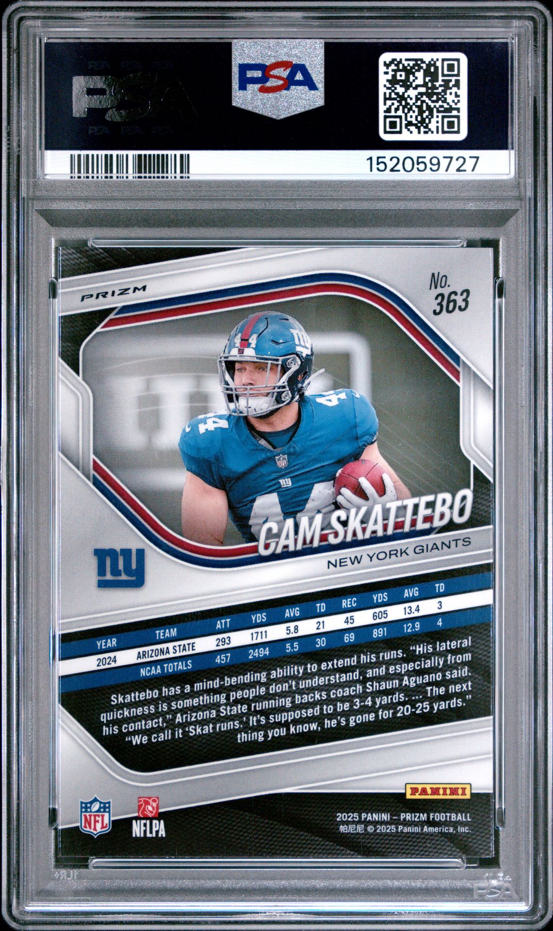 2025 Panini Prizm Cam Skattebo #363 (Silver Prizm) Gem Mt 10 back view - PSA certificate #152059727