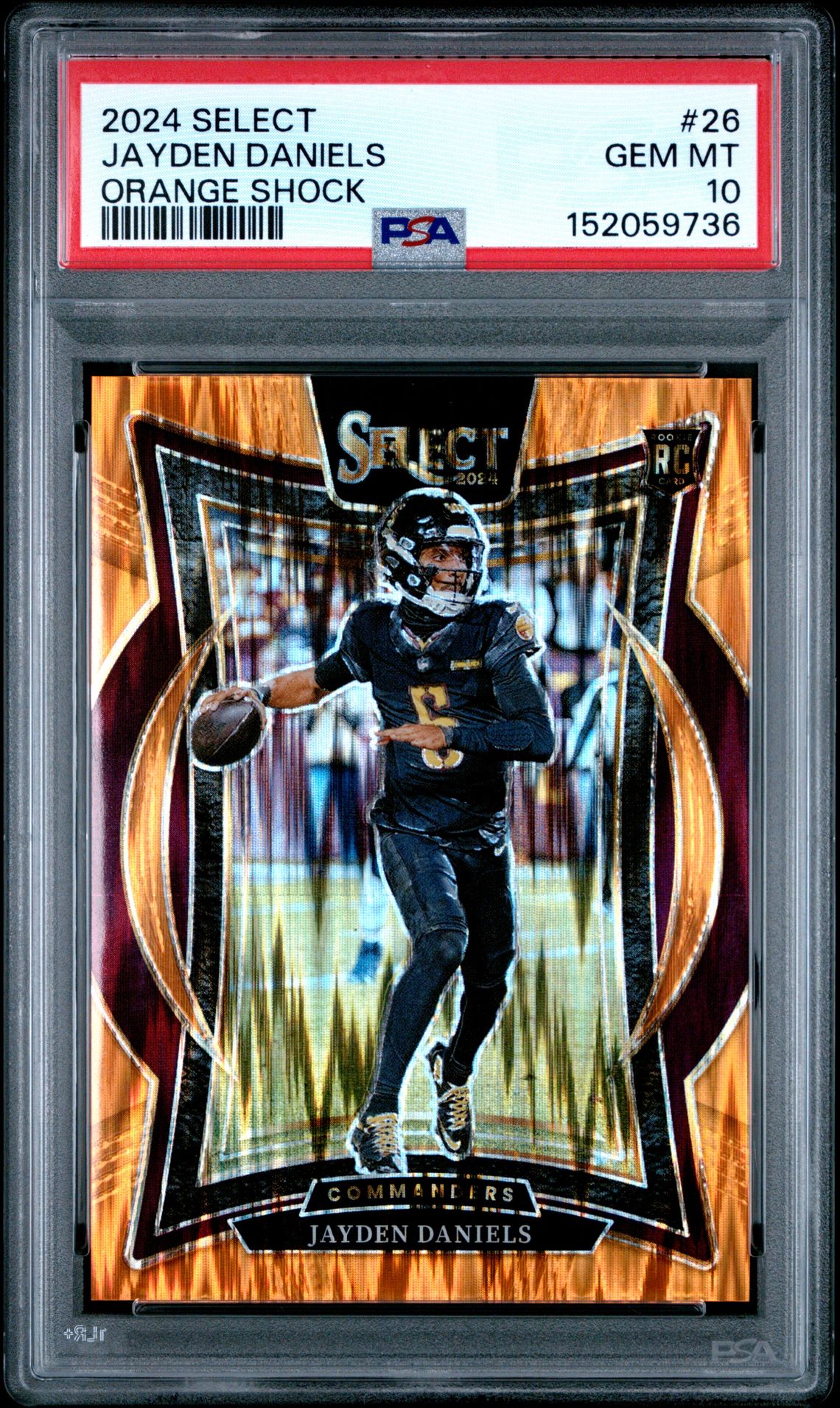 2024 Panini Select Jayden Daniels #26 (Orange Shock) Gem Mt 10 front view - PSA graded GEM MT 10