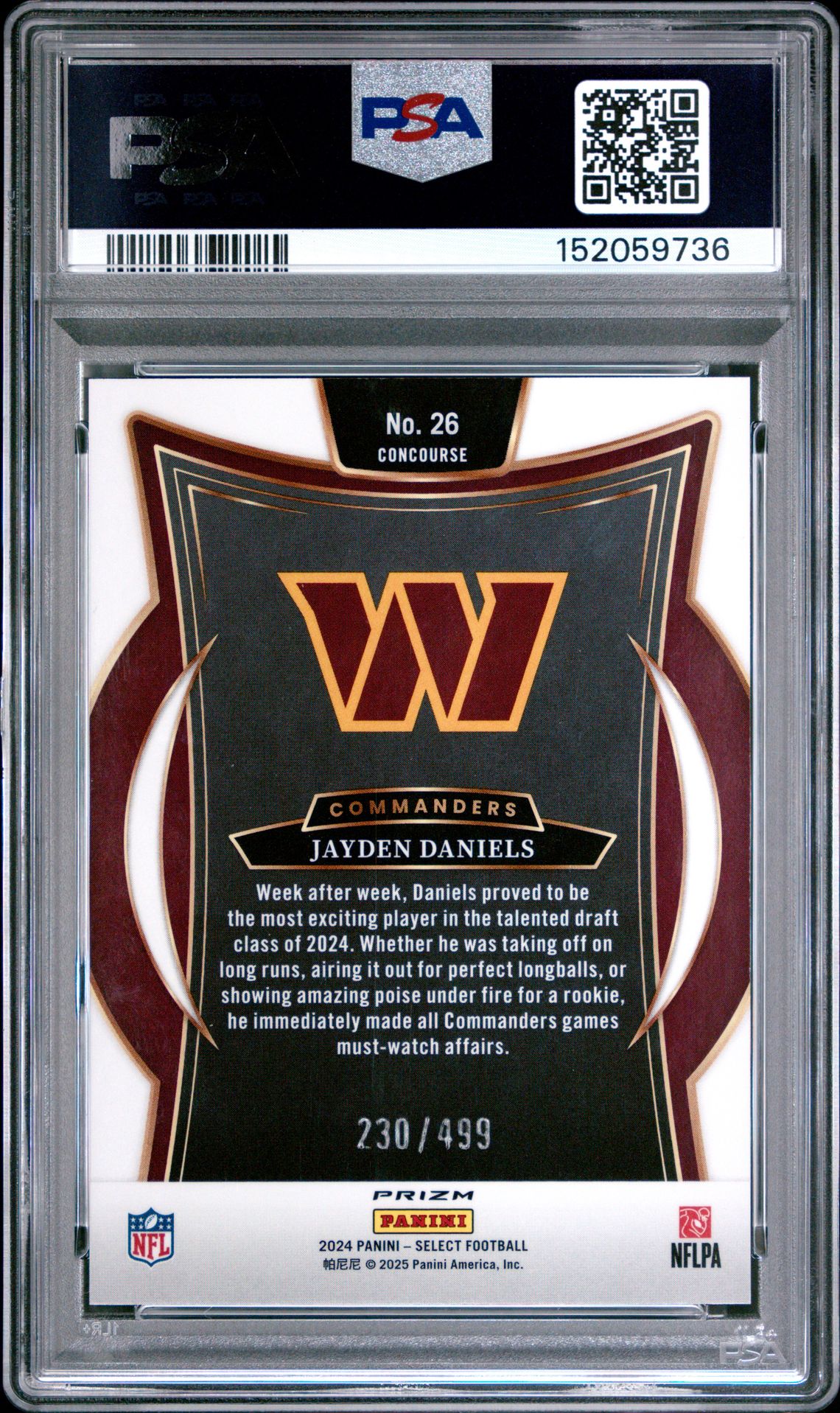 2024 Panini Select Jayden Daniels #26 (Orange Shock) Gem Mt 10 back view - PSA certificate #152059736