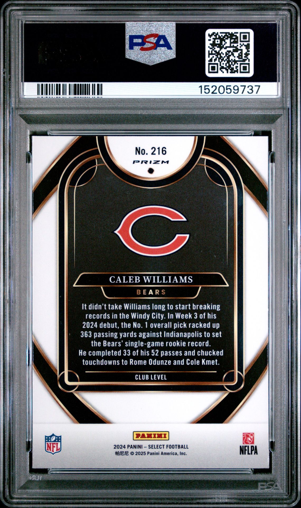 2024 Panini Select Caleb Williams #216 (Black & Orange Shock) Gem Mt 10 back