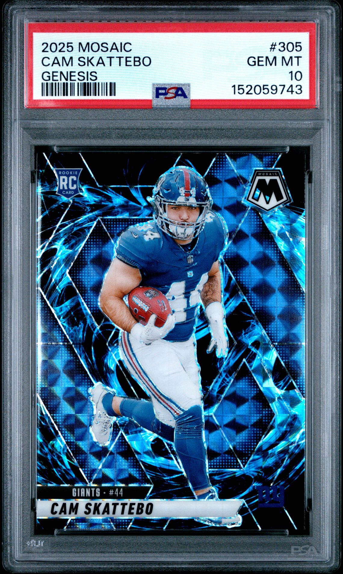 2025 Panini Mosaic Cam Skattebo #305 (Genesis) Gem Mt 10 front view - PSA graded GEM MT 10