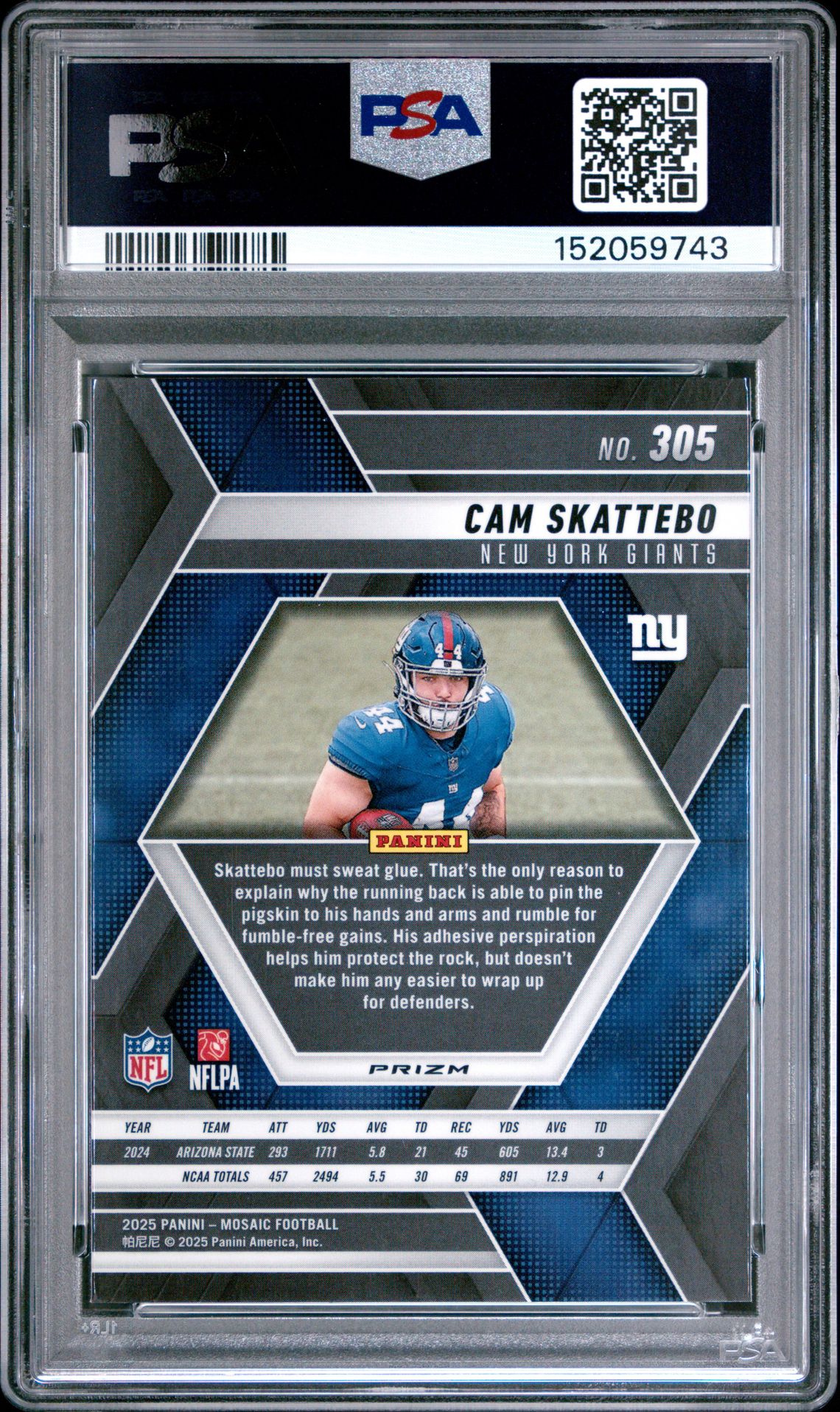 2025 Panini Mosaic Cam Skattebo #305 (Genesis) Gem Mt 10 back view - PSA certificate #152059743