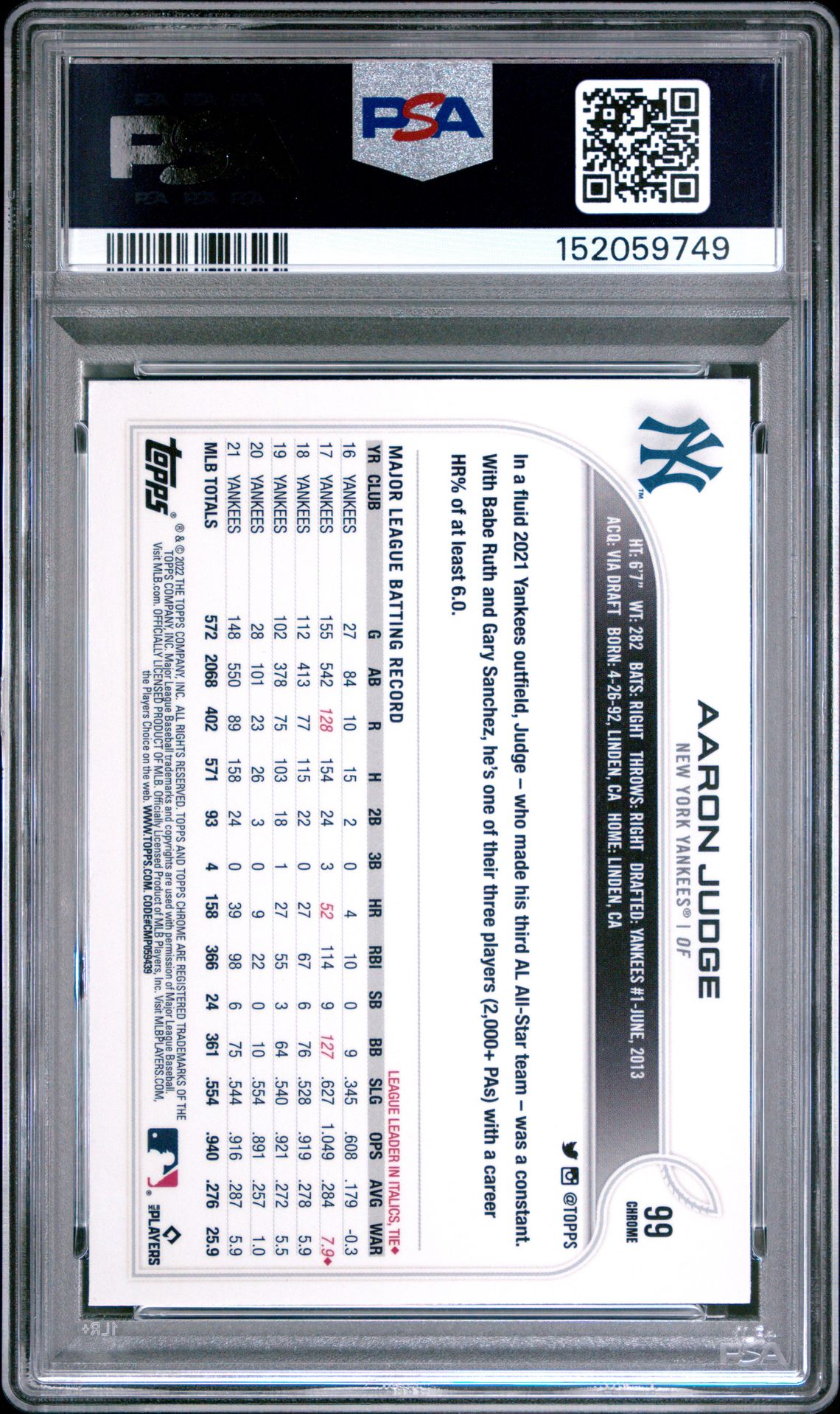2022 Topps Chrome Sonic Aaron Judge #99 (Prism Refractor) Mint 9 back