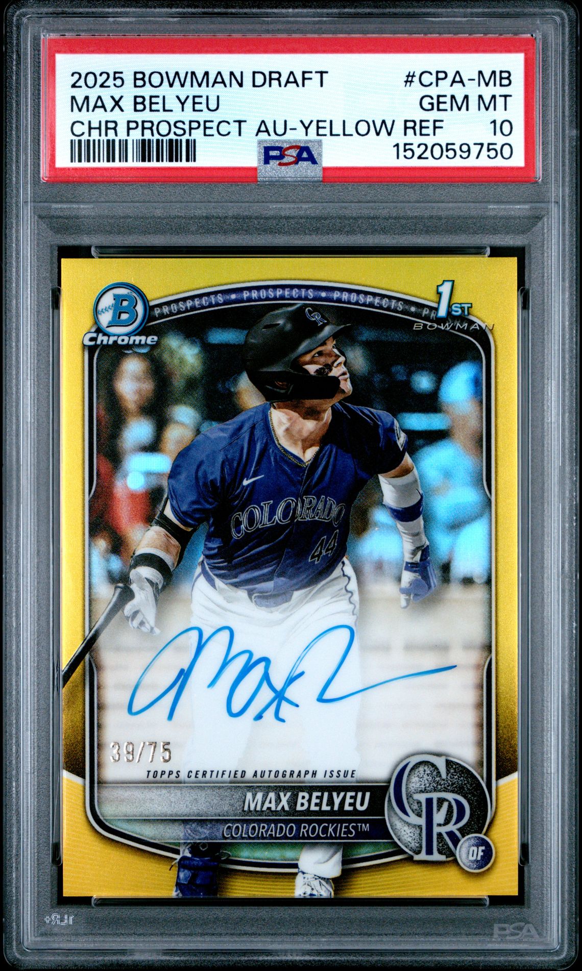 2025 Bowman Draft Chrome Prospect Autographs Max Belyeu #Cpa-Mb (Chr Prospect Au-Yellow Ref) Gem Mt 10 front view - PSA graded GEM MT 10