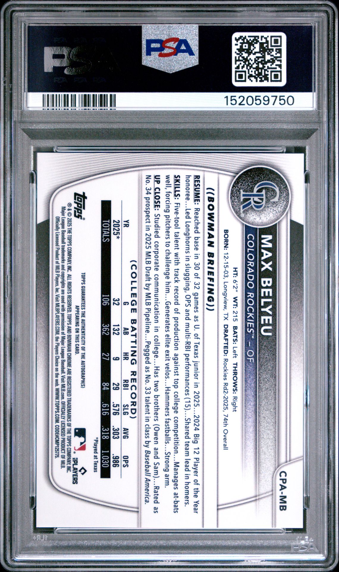 2025 Bowman Draft Chrome Prospect Autographs Max Belyeu #Cpa-Mb (Chr Prospect Au-Yellow Ref) Gem Mt 10 back view - PSA certificate #152059750