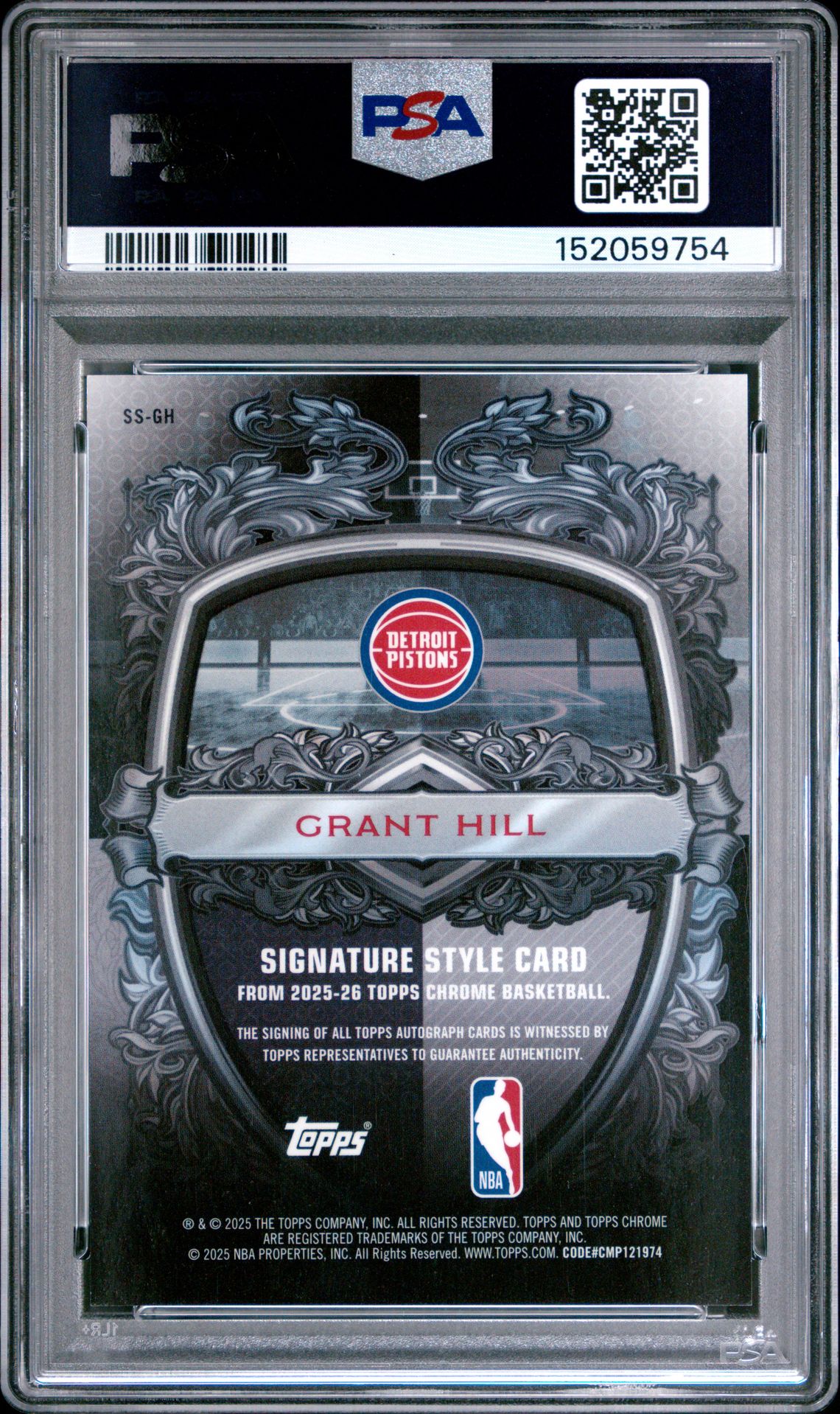 2025 Topps Chrome Signature Style Grant Hill #Ss-Gh (Sig Style-Blue Refractor) Gem Mt 10 back view - PSA certificate #152059754