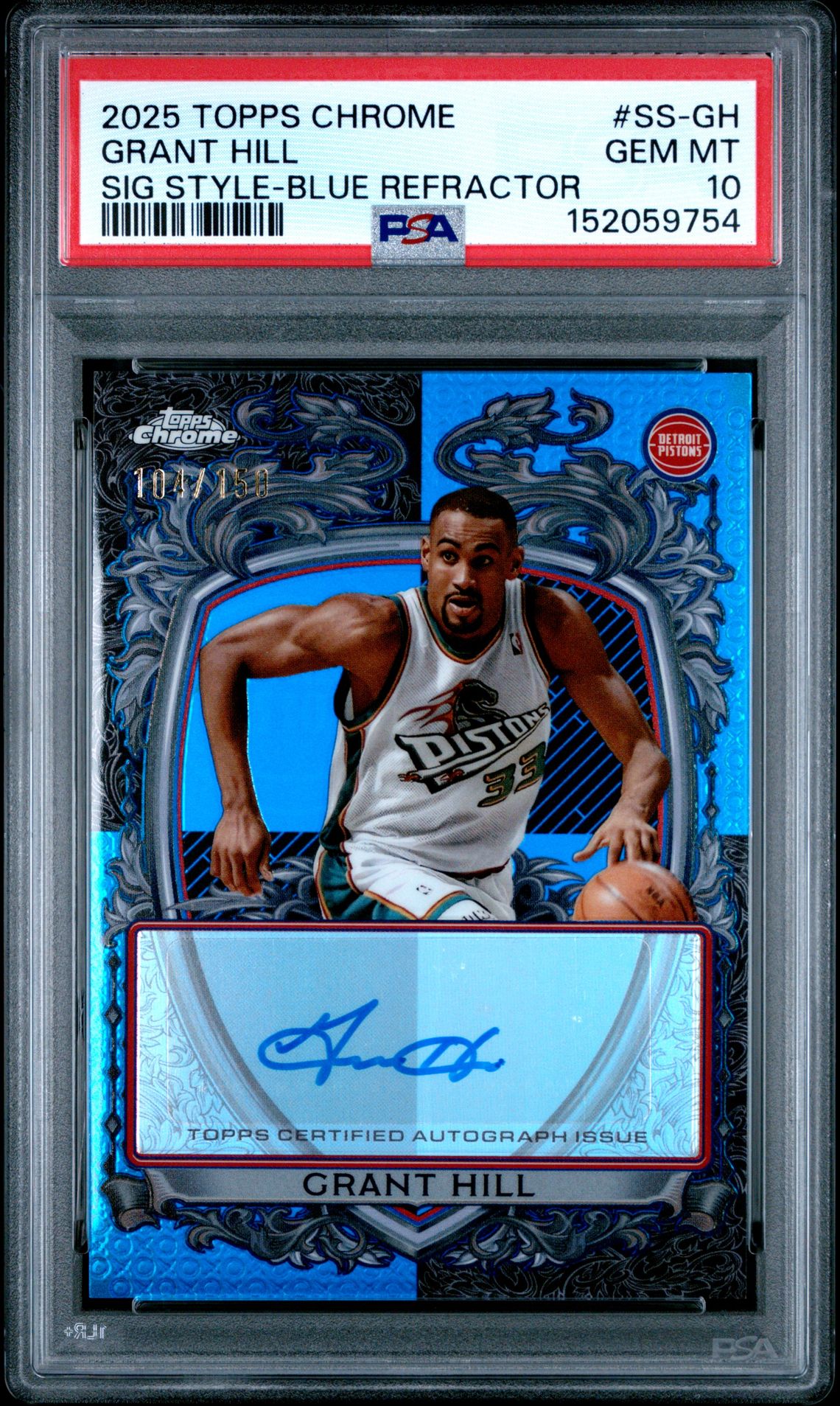 2025 Topps Chrome Signature Style Grant Hill #Ss-Gh (Sig Style-Blue Refractor) Gem Mt 10 front view - PSA graded GEM MT 10