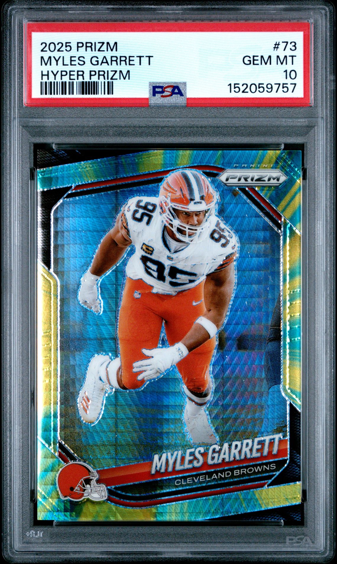 2025 Panini Prizm Myles Garrett #73 (Hyper Prizm) Gem Mt 10 front view - PSA graded GEM MT 10
