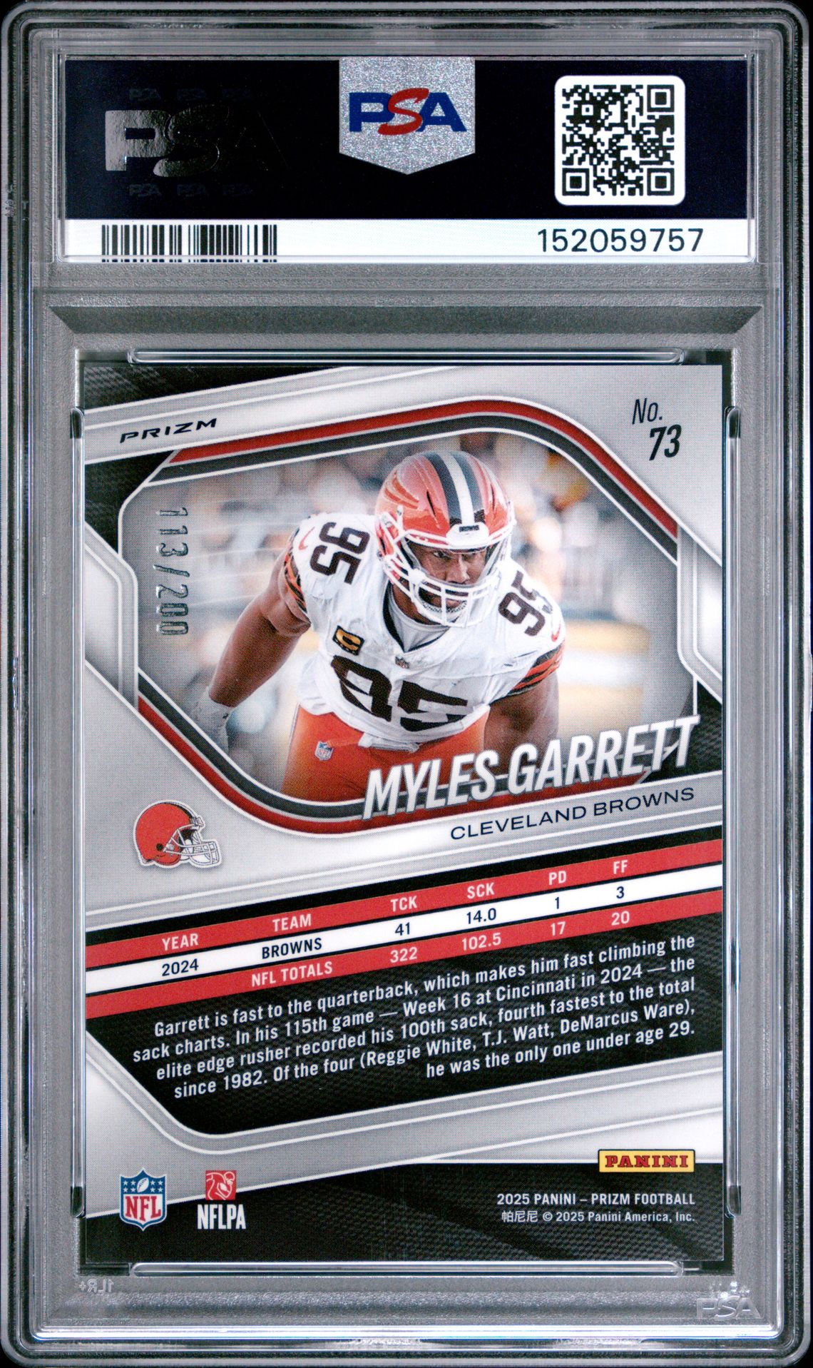 2025 Panini Prizm Myles Garrett #73 (Hyper Prizm) Gem Mt 10 back view - PSA certificate #152059757