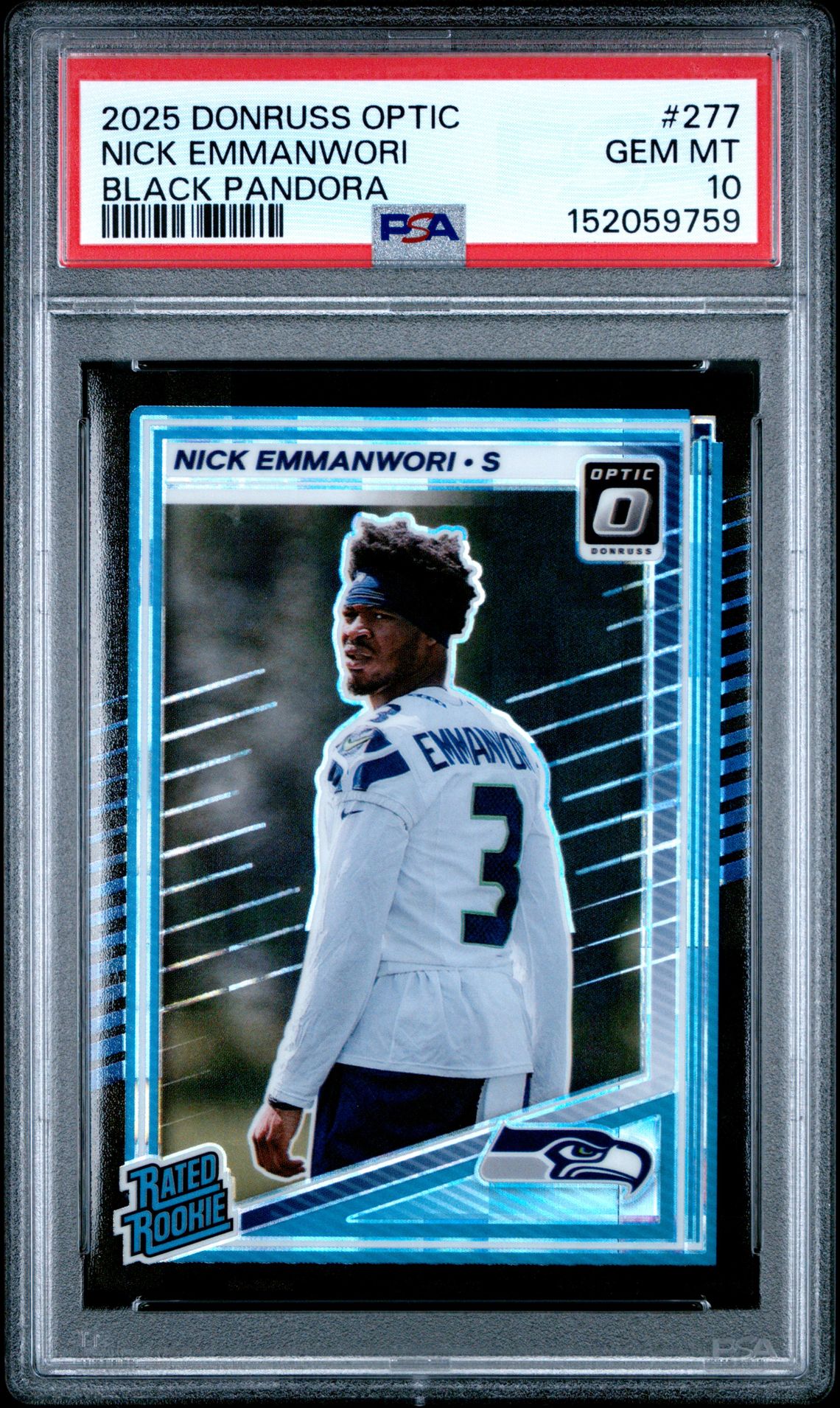 2025 Panini Donruss Optic Nick Emmanwori #277 (Black Pandora) Gem Mt 10 front view - PSA graded GEM MT 10