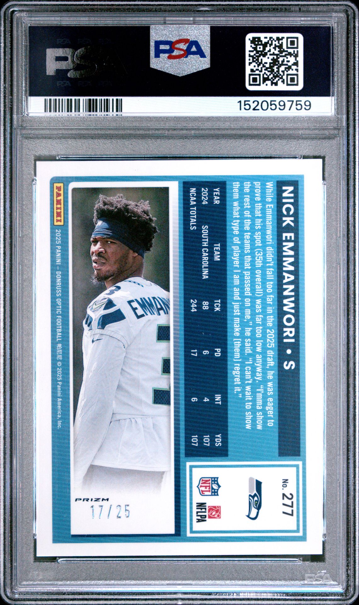 2025 Panini Donruss Optic Nick Emmanwori #277 (Black Pandora) Gem Mt 10 back view - PSA certificate #152059759