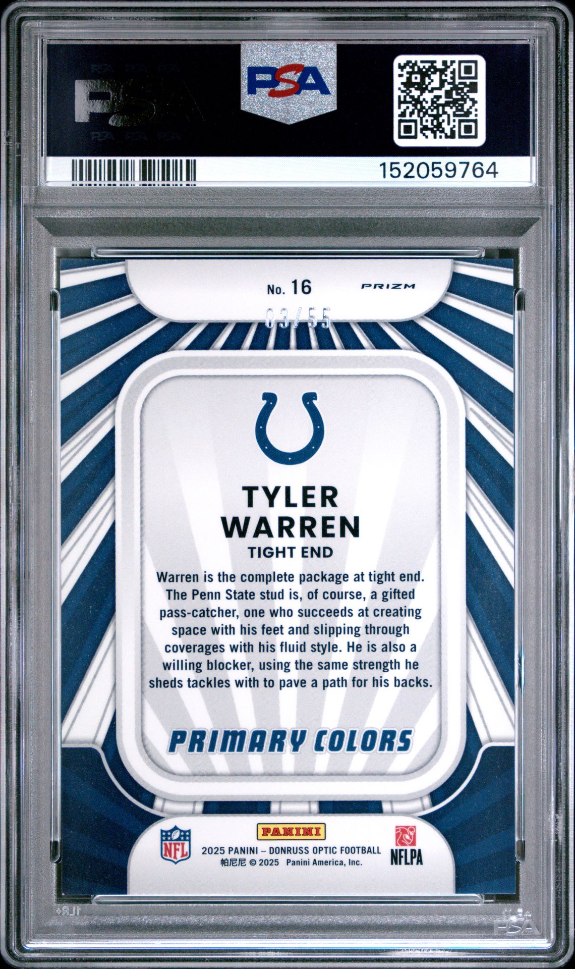 2025 Panini Donruss Optic Rookie Primary Colors Tyler Warren #16 (Rookie Primary Colors-Ice) Mint 9 back